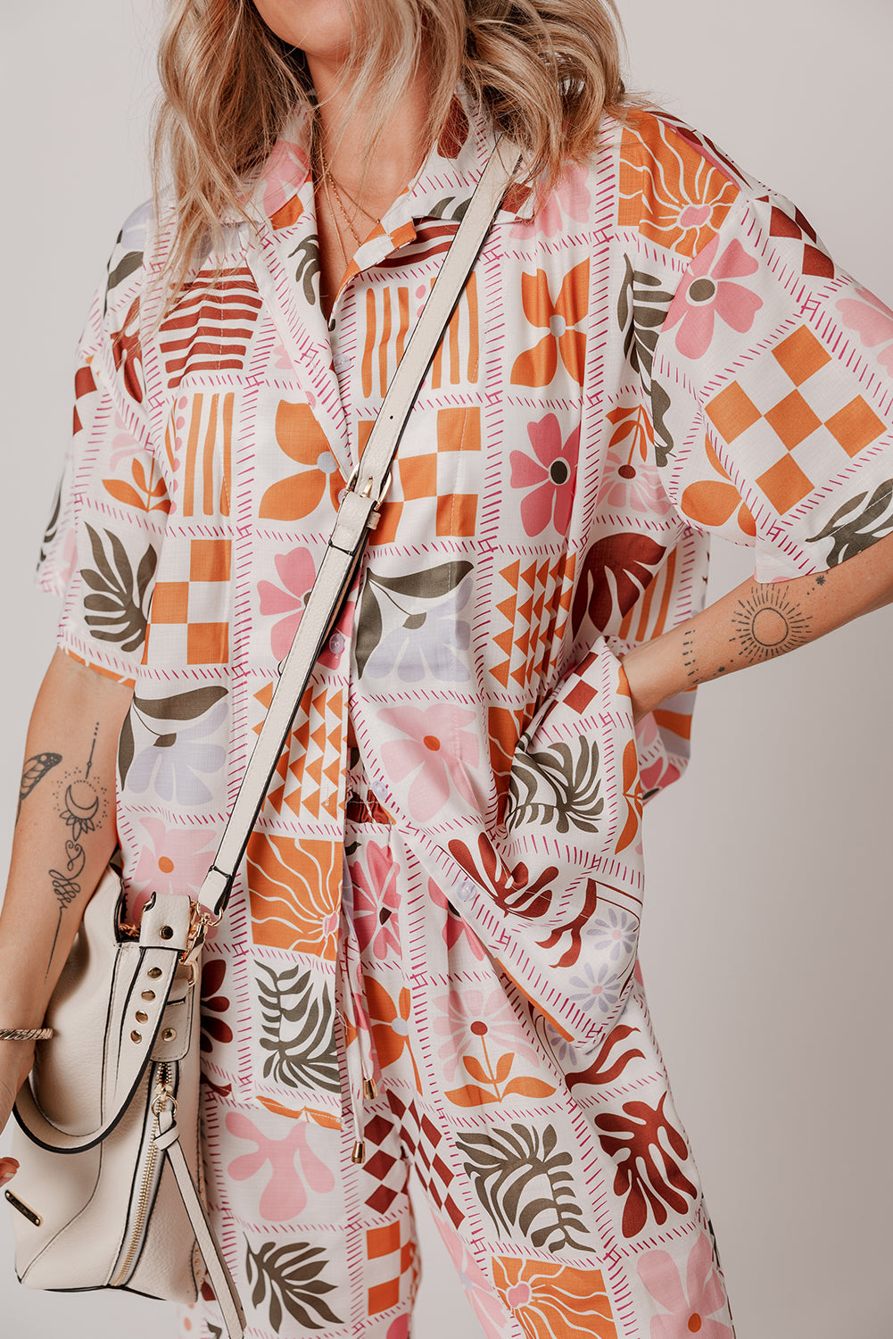 Orange Plant Checkered Print Collared Shirt and Wide Leg Trousers Set eAura