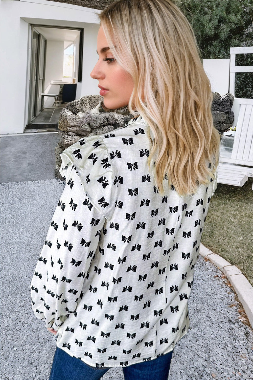 White Bow Knot Print Piping Trim Ruffled Crew Neck Blouse BB Fashion Outlet