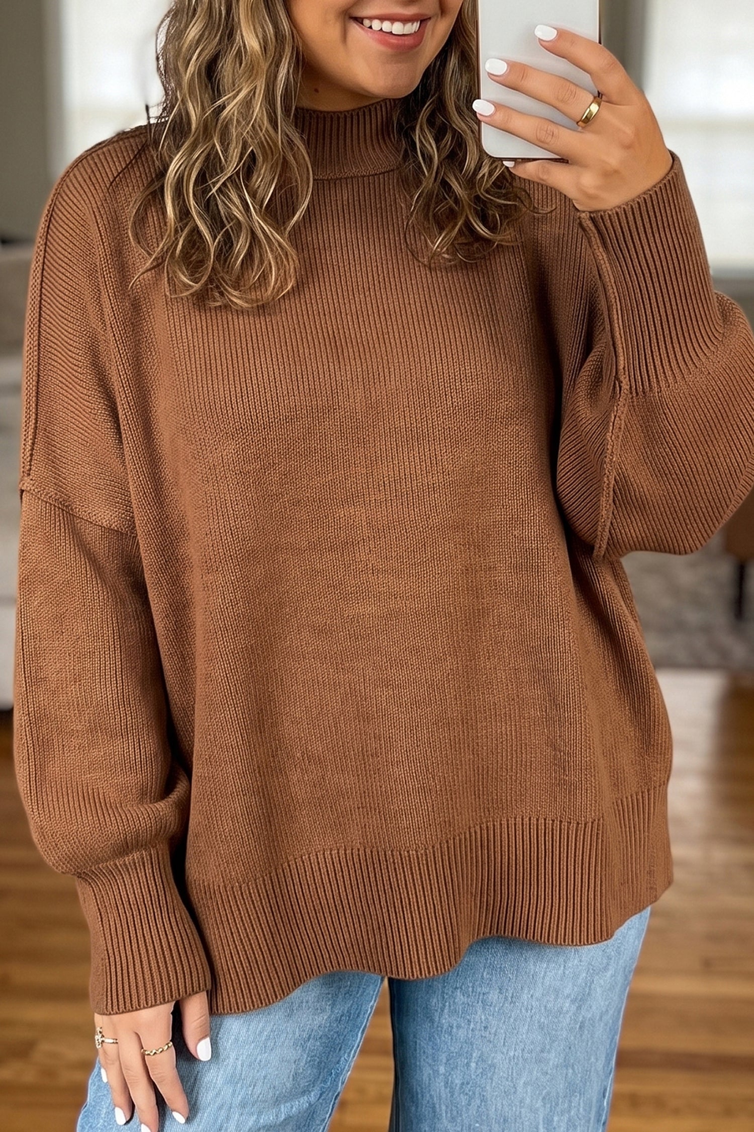 Oversized Ribbed Knit Long Sleeve Tunic Plus Size Sweater – Chestnut