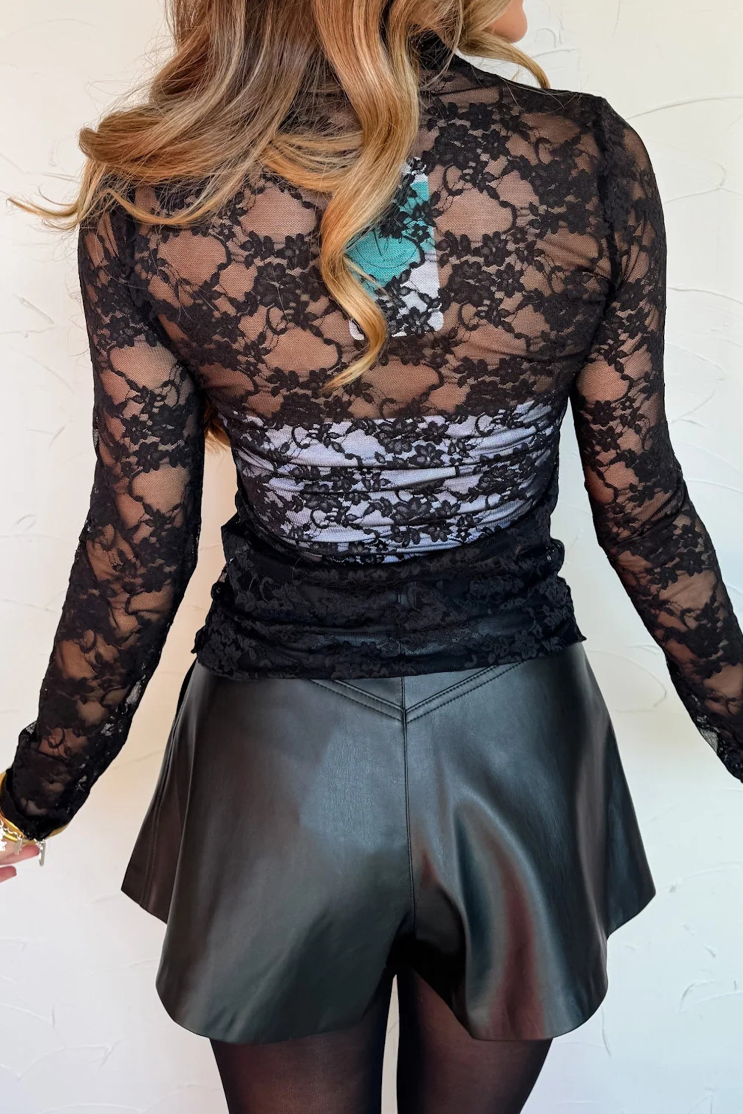 Sheer Floral Lace Lettuce Trim Mock Neck Long Sleeve Top – Black