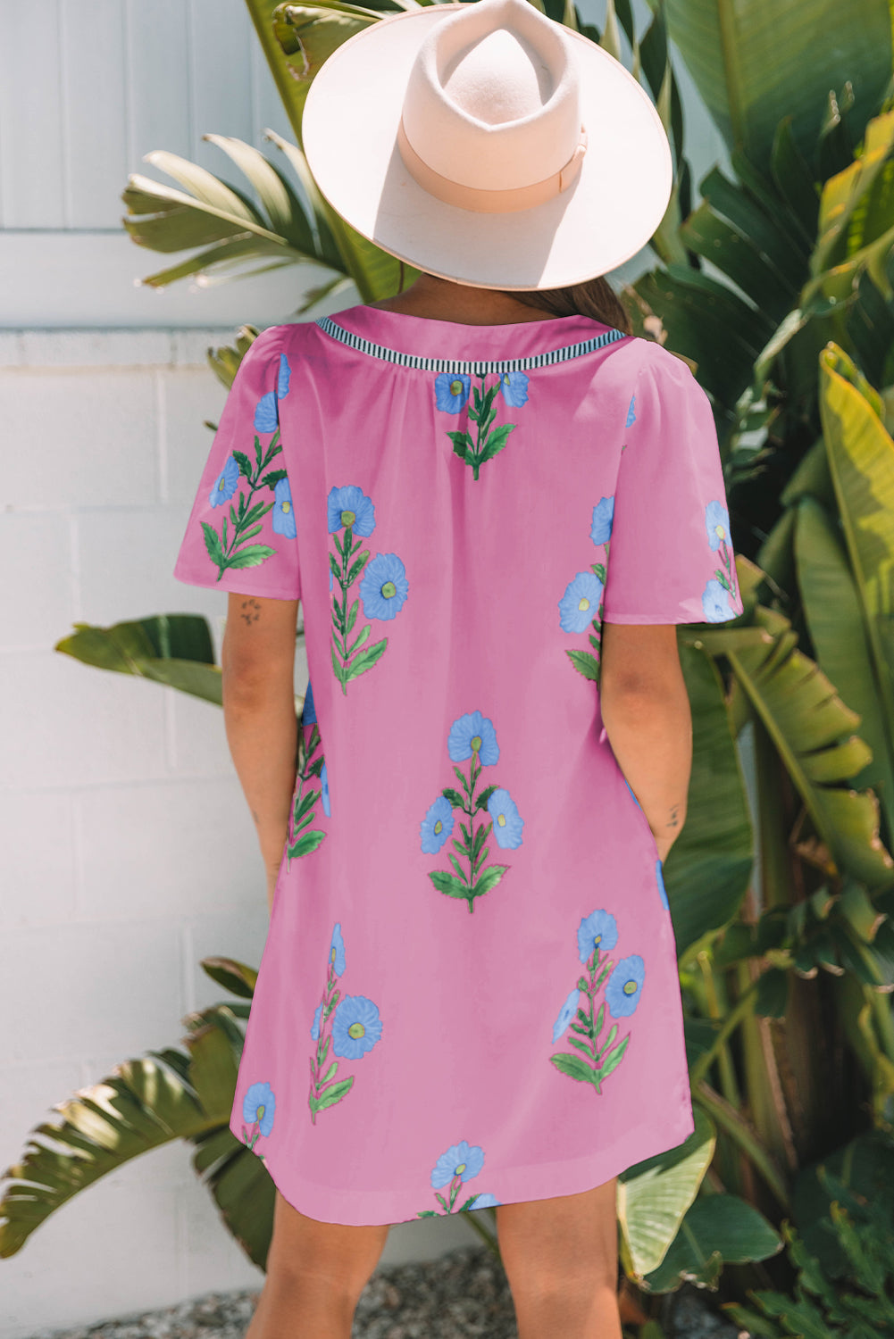 Floral Short Sleeve Split Neck Loose Mini Dress eAura