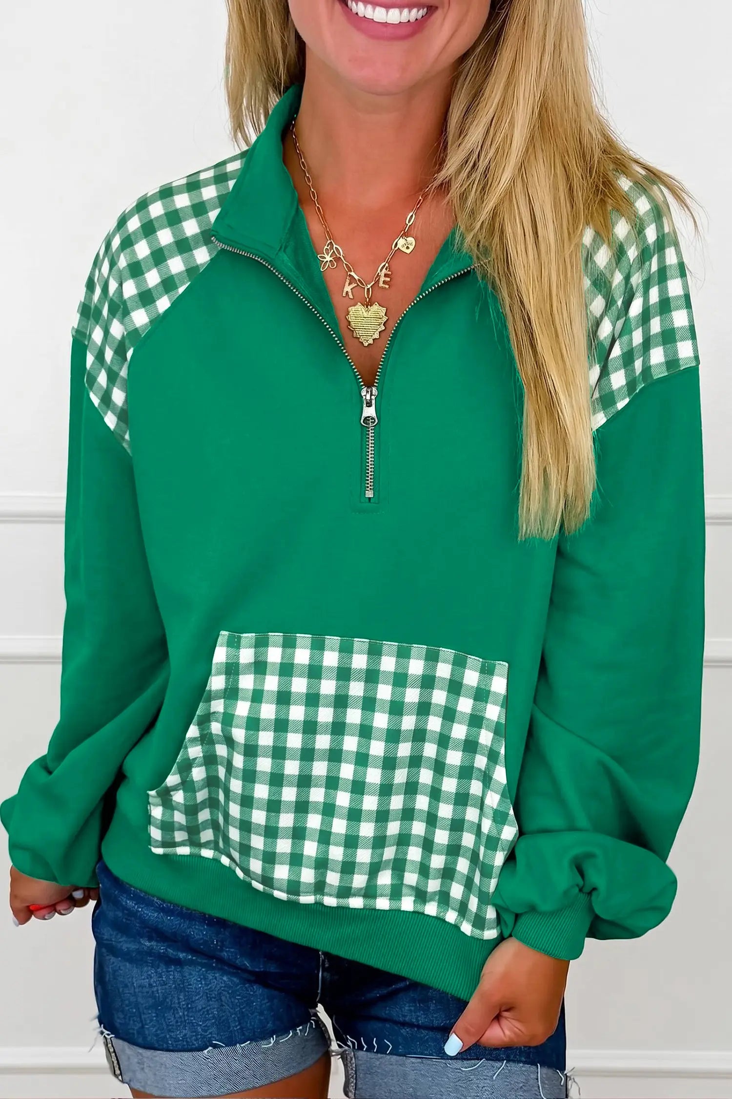 Patchwork Plaid Pocket Quarter Zip Sweatshirt – Navy Blue