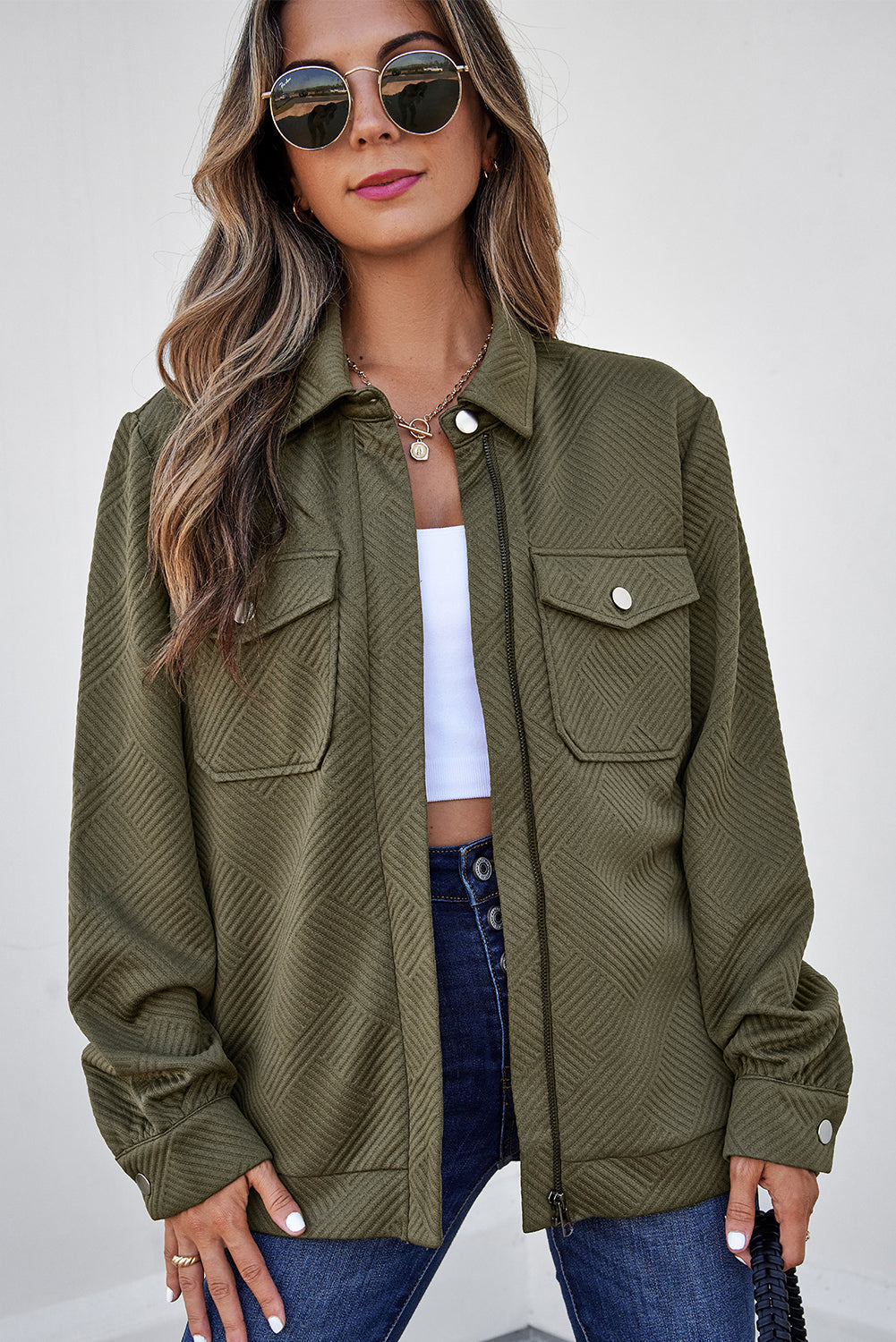 Solid Color Zip Up Button Flap Pocket Shirt Collar Jackets – Blackish Green
