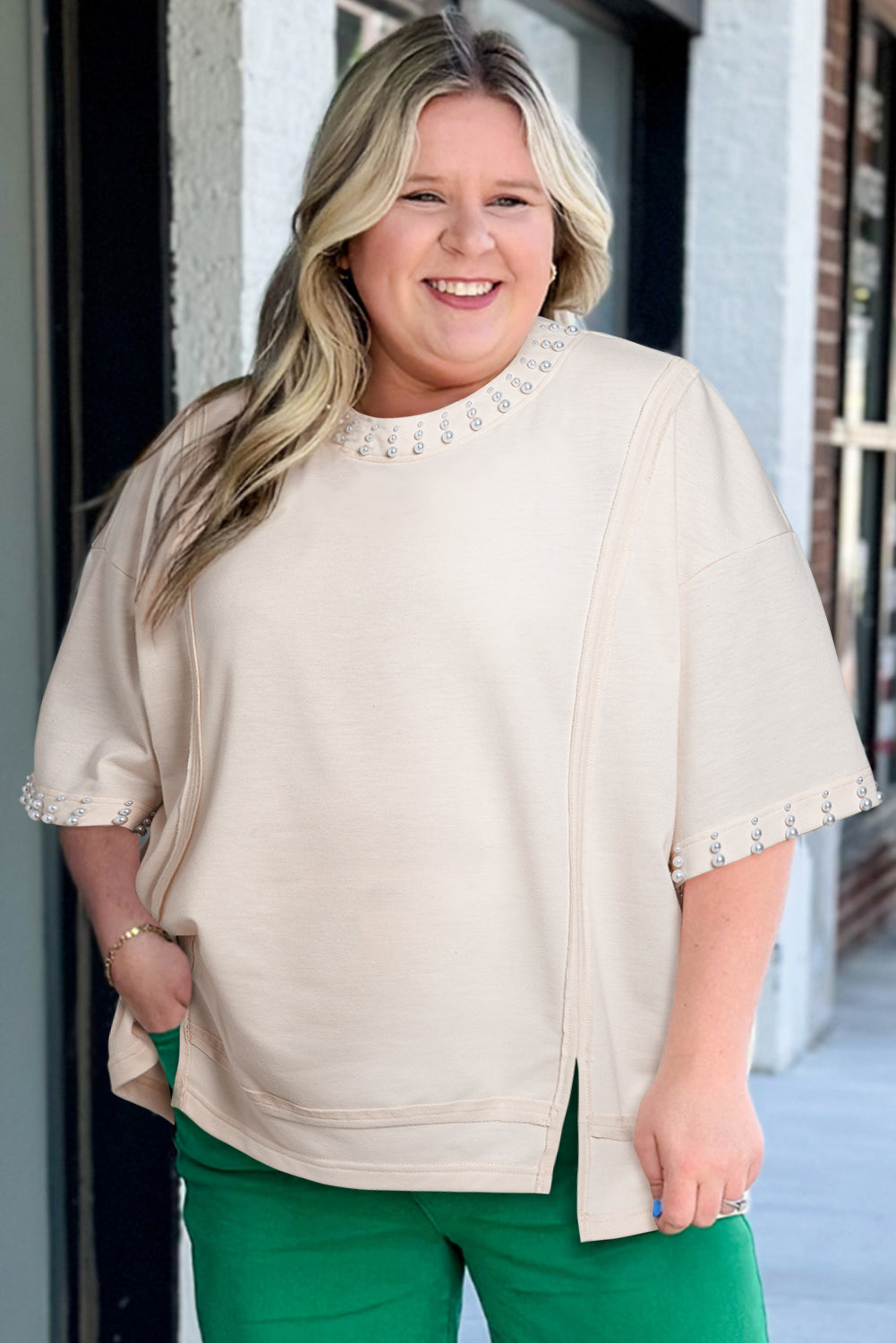 Beige Pearl Decor Crew Neck Half Sleeve Plus Size T Shirt BB Fashion Outlet