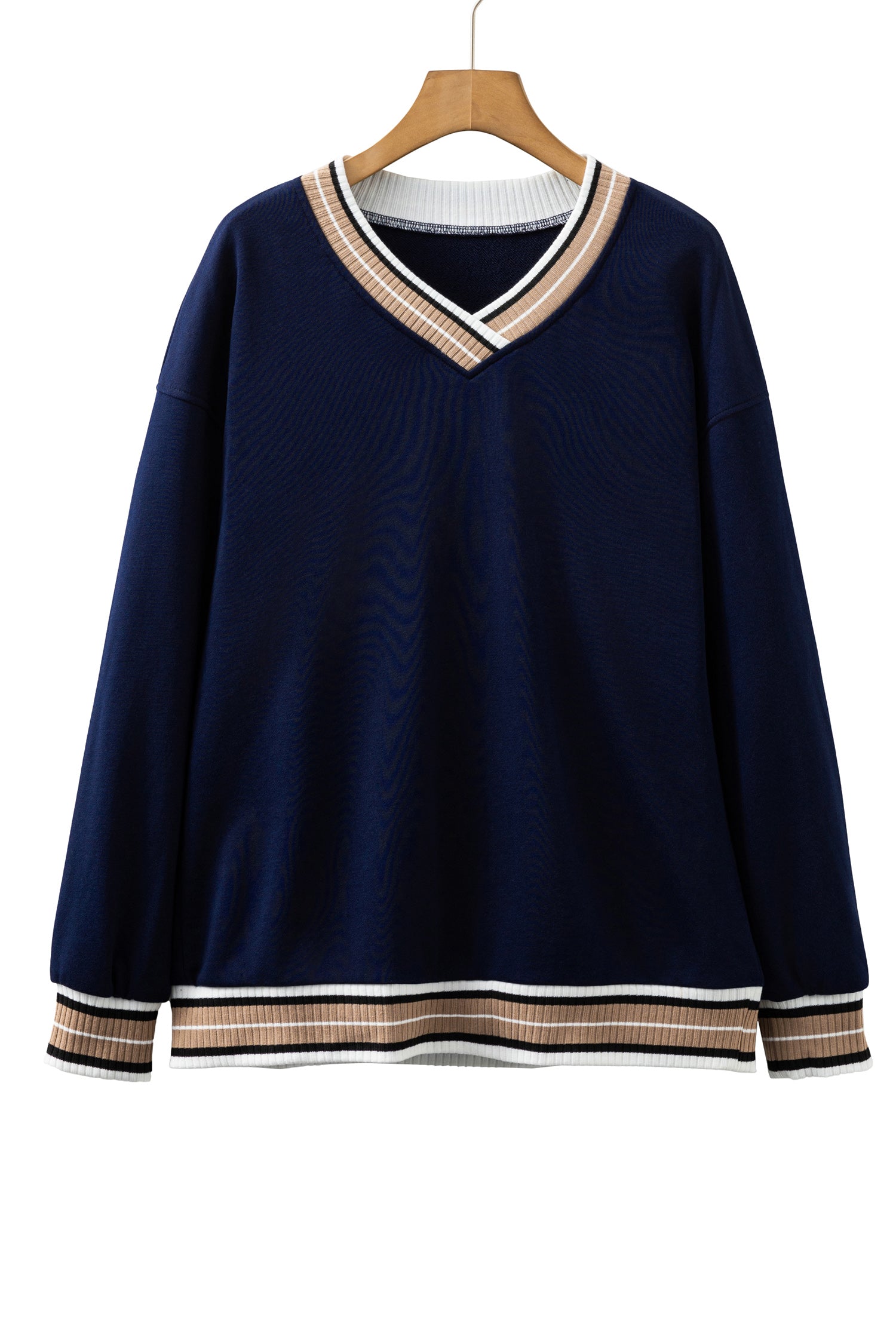 Varsity Contrast Striped Trim V-Neck Sweatshirt