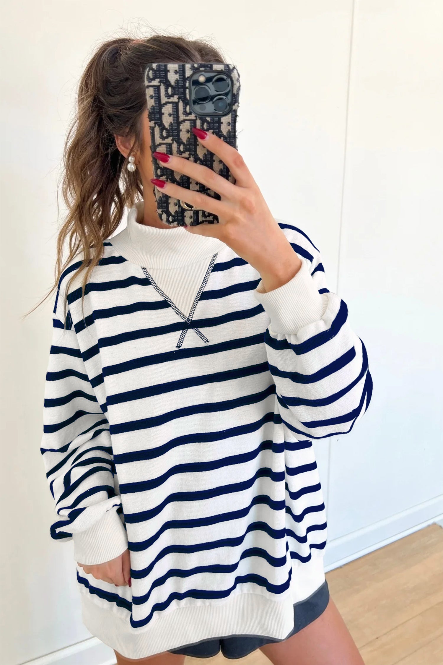 Striped Stand Neck Long Sleeve Ribbed Cuff Hem Sweatshirt – Blue Stripe