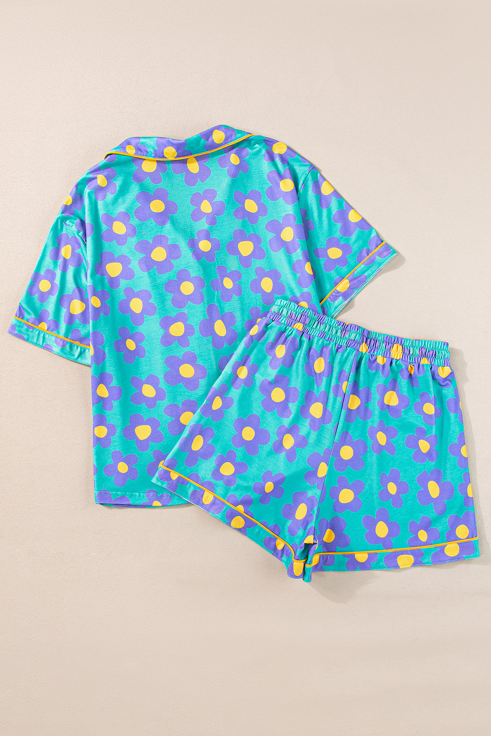 Green Flower Print Short Sleeve Shirt Pyjamas Set eAura