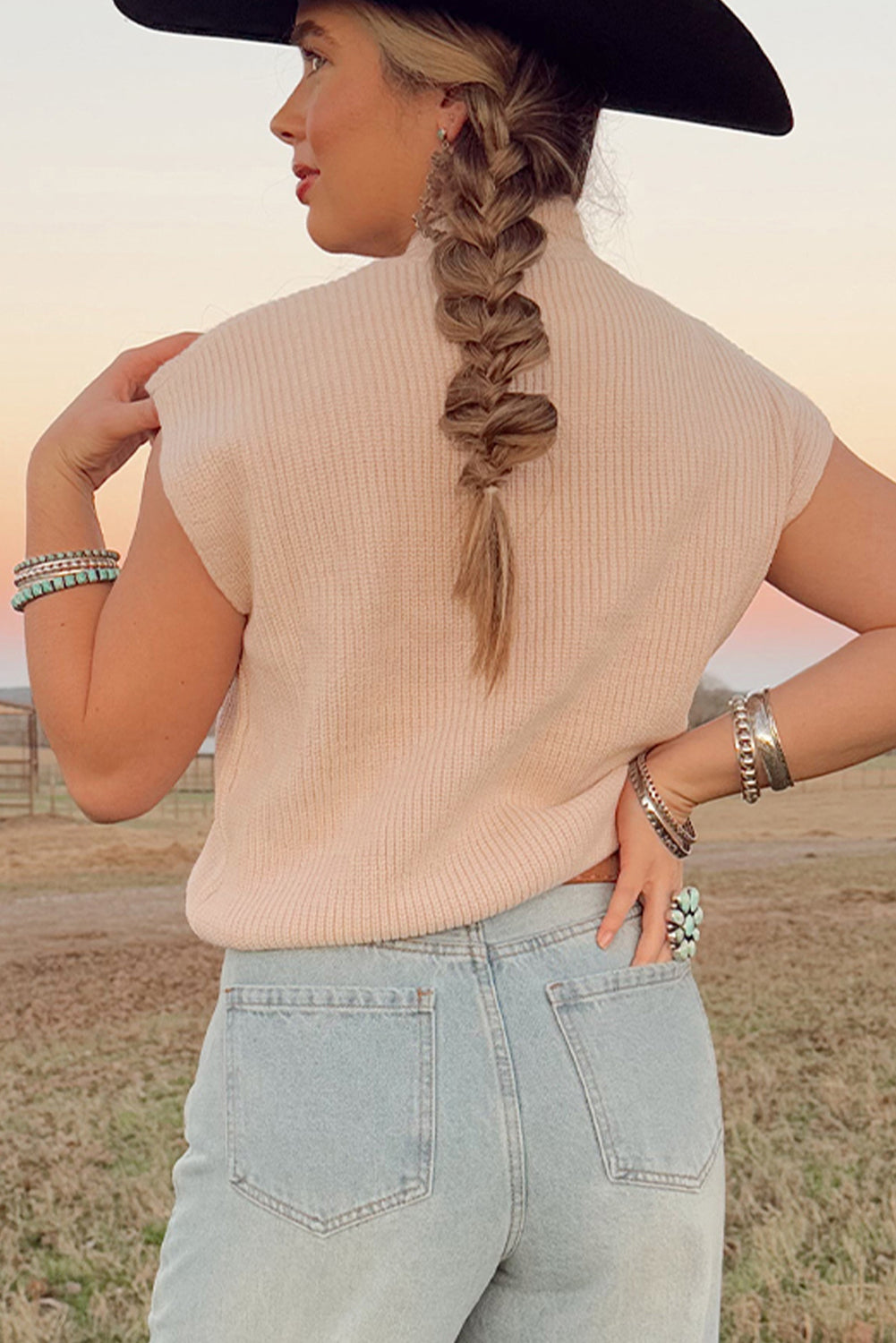 Cowboy Graphic High Neck Short Sleeve Knit Top - Sweaters & Cardigans/Short