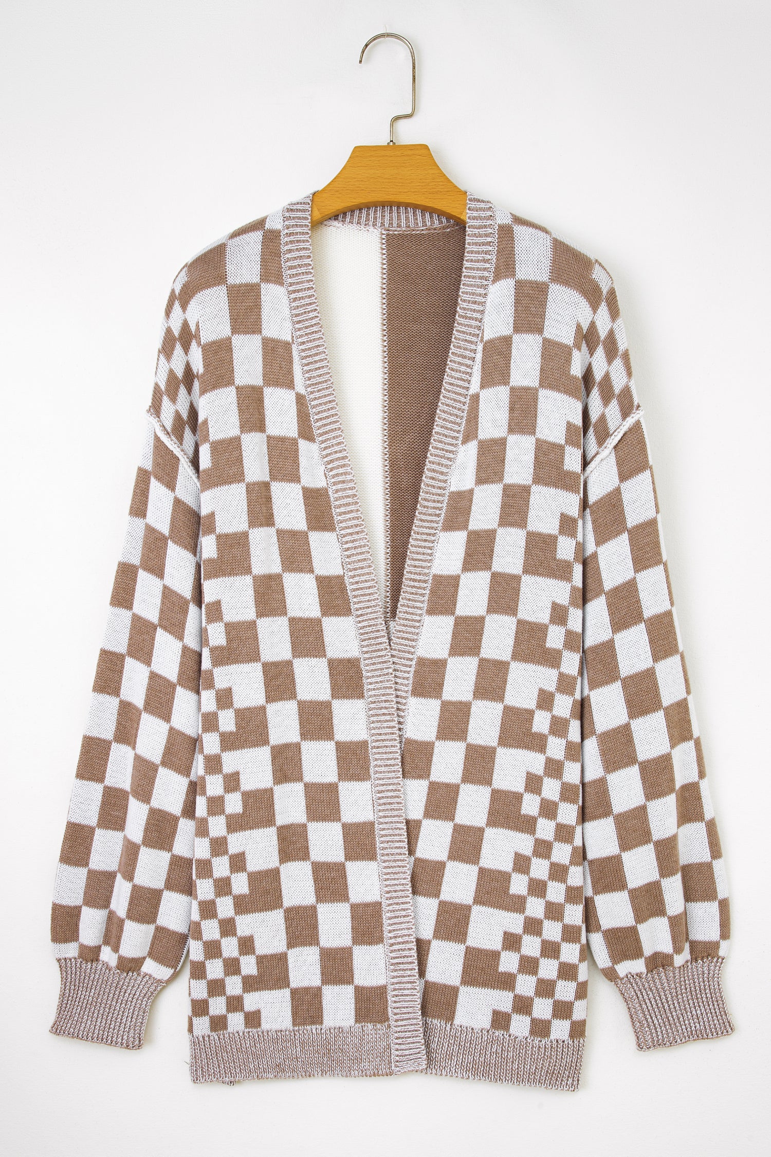 Checkered Bubble Sleeve Drop Shoulder Open Cardigan - eAura