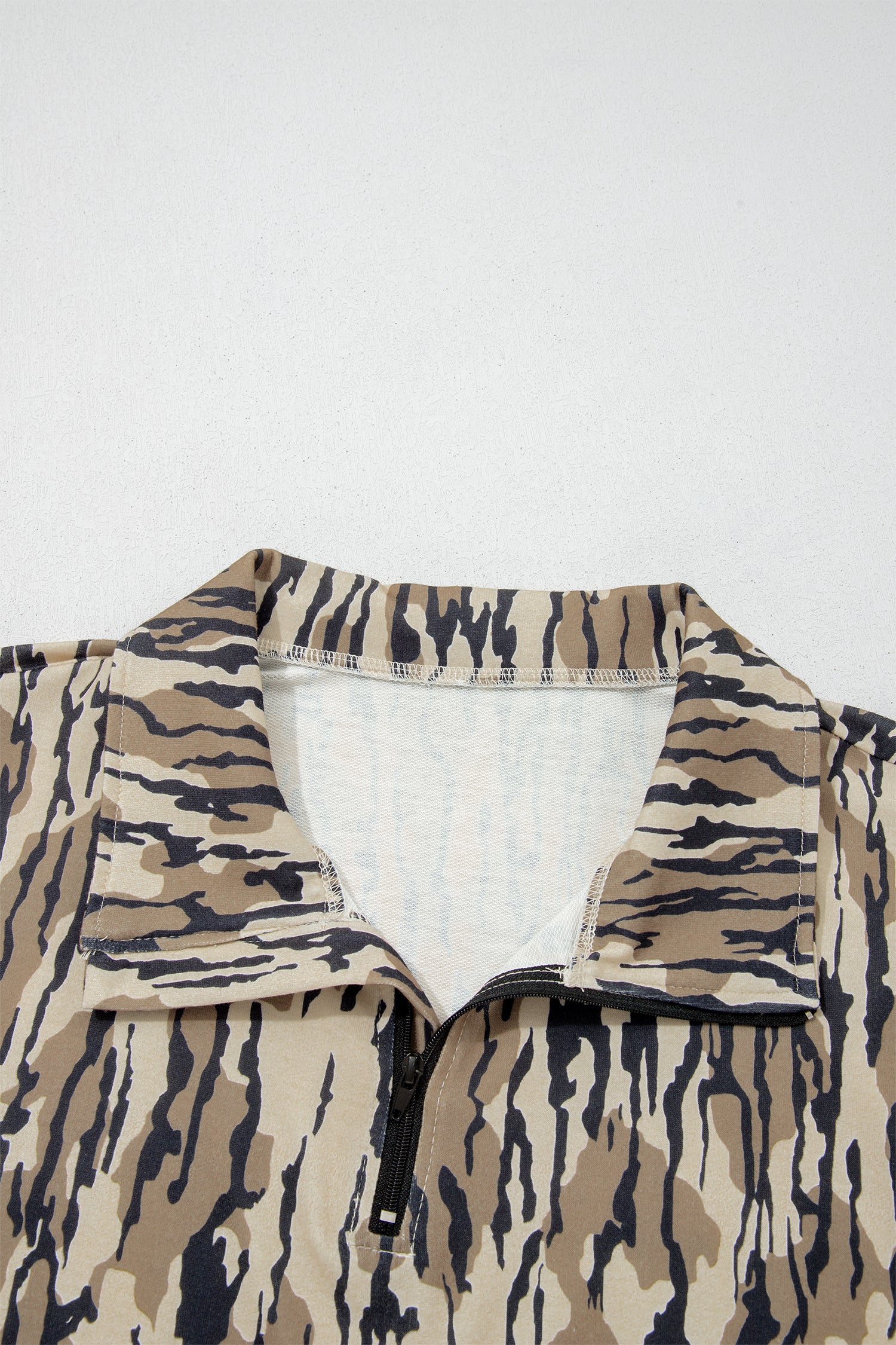 Camouflage Zipper Collar Front Pocket Pullover Sweatshirt – Brown