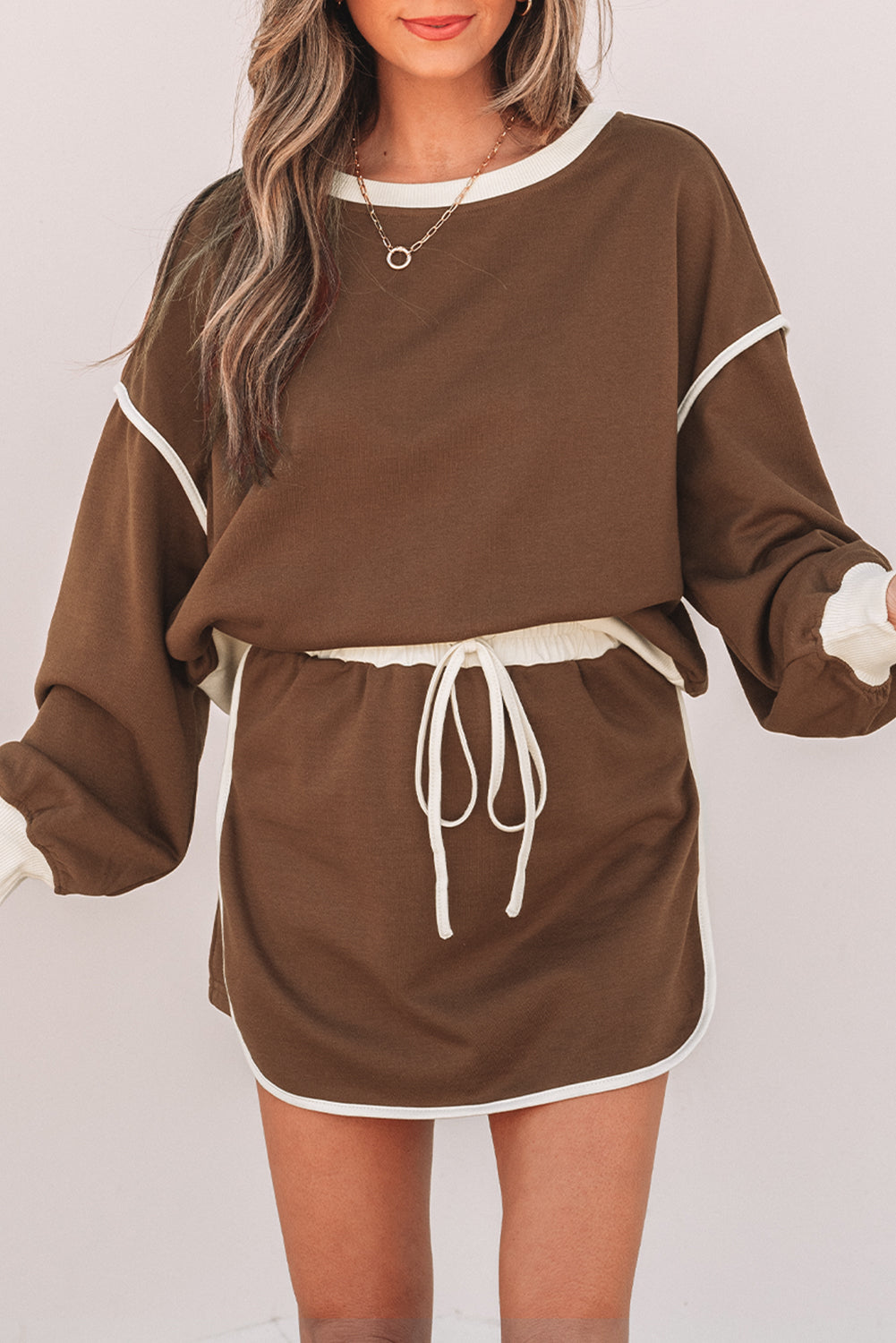 Coffee Colour Contrast Loose Pullover and Lace-up Waist Skort Set eAura