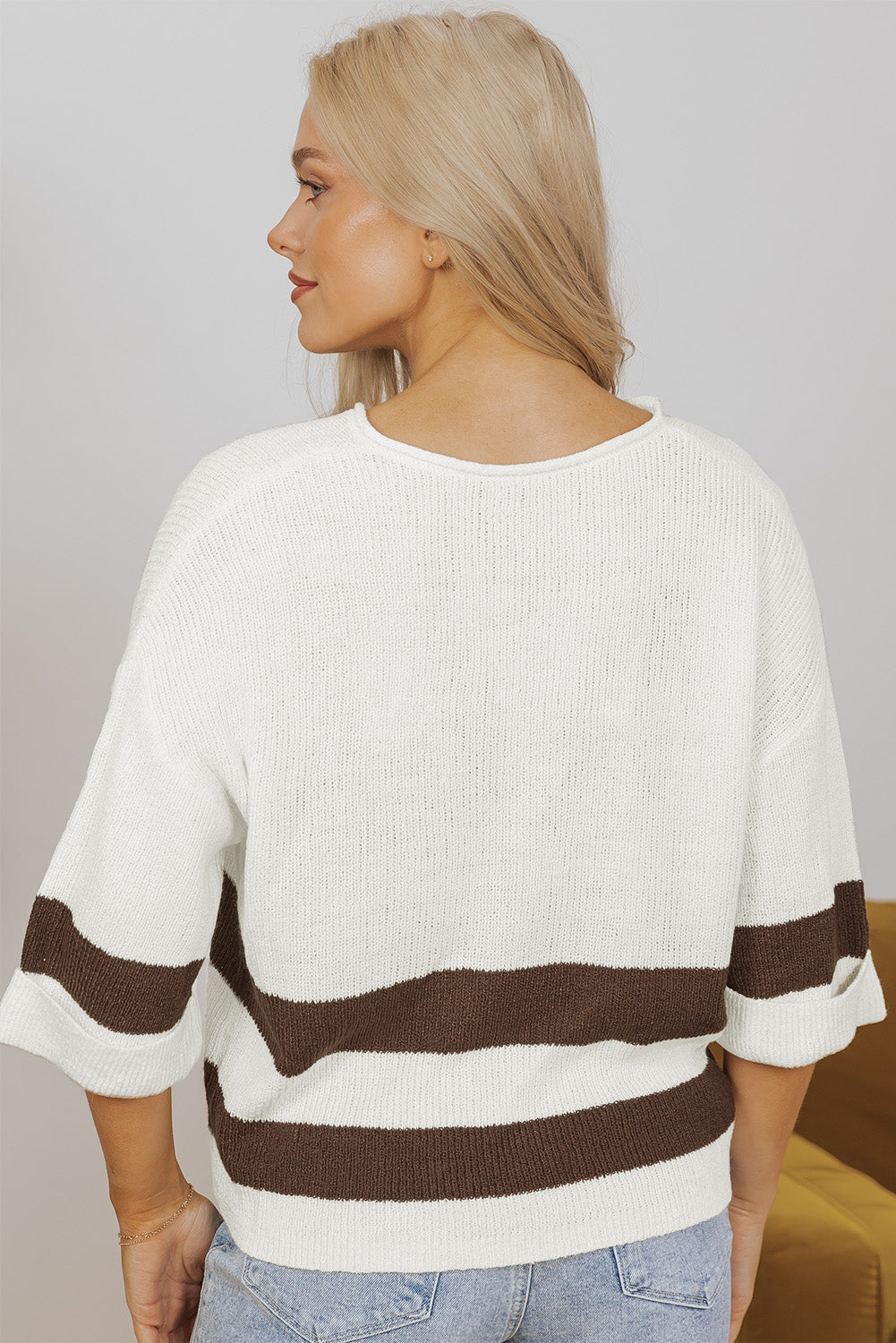 Brown Striped Accent Notched V Neck Cropped Sweater BB Fashion Outlet