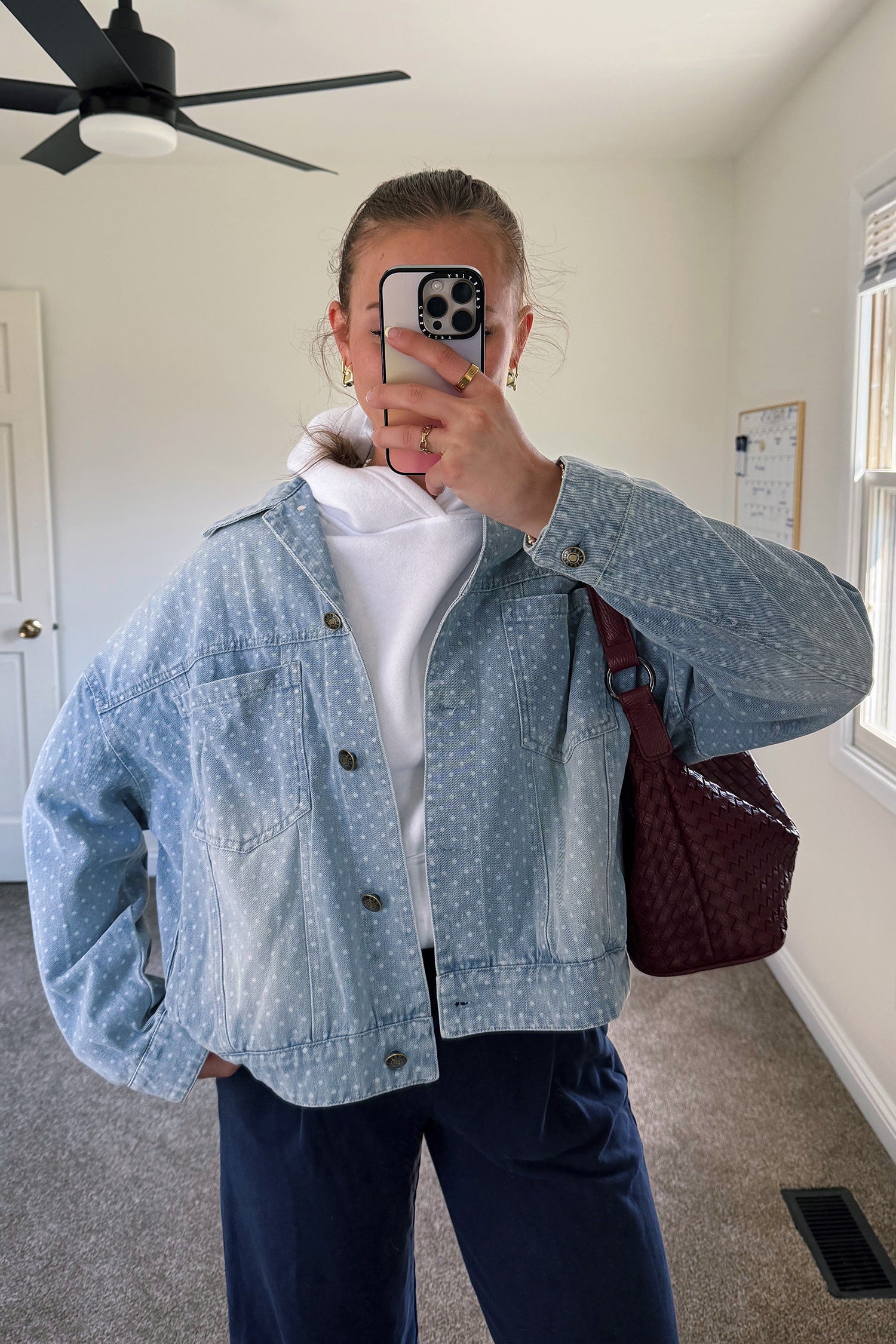 Sky Blue Polka Dot Long Sleeve Collar Pocket Casual Shift Silhouette Denim Jacket – Light Blue
