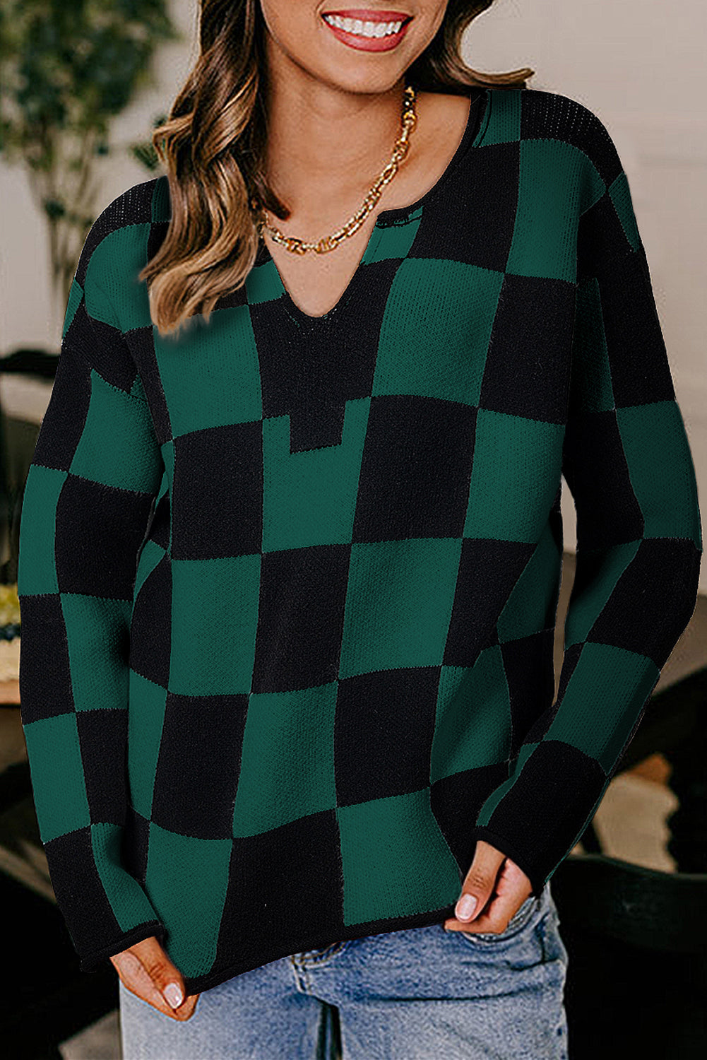 Checked Notched Neckline Drop Shoulder Knit Sweater eAura
