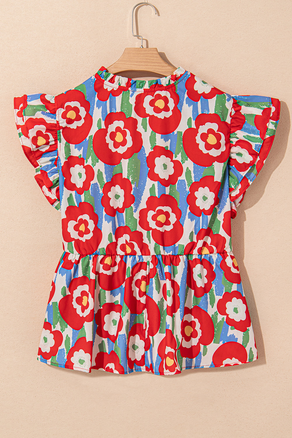 Red Plus Size Floral Print Ruffle Trim Split Neck Peplum Top BB Fashion Outlet