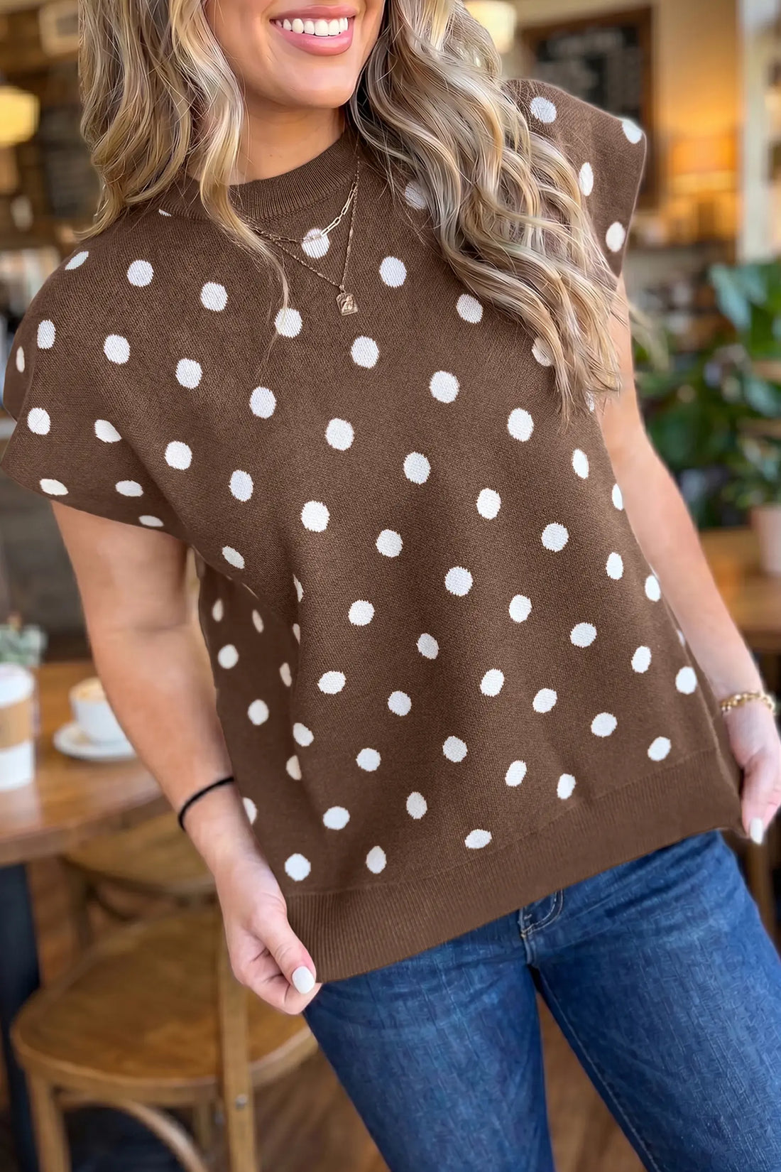 Dolman Short Sleeve Round Neck Polka Dot Sweater – Brown