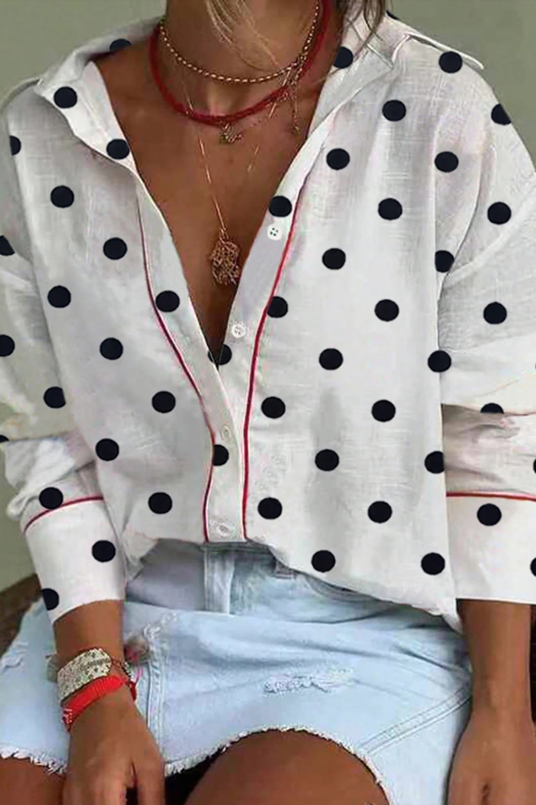 White Polka Dot Print Contrast Piping Elegant Shirt - L - Tops/Blouses & Shirts