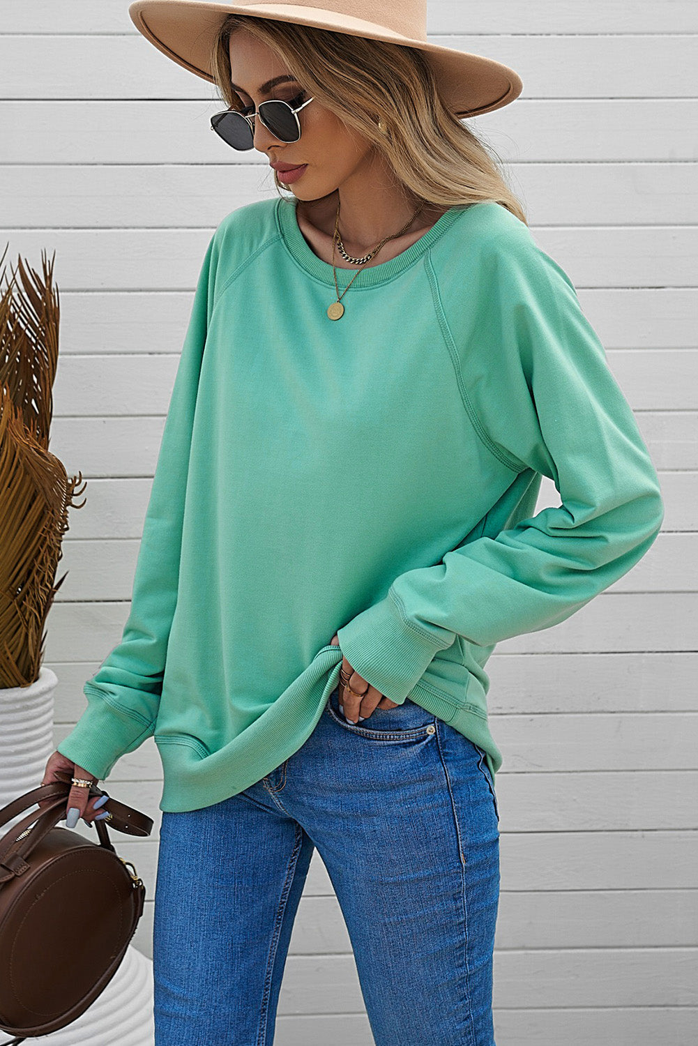 Green French Terry Cotton Blend Pullover Sweatshirt eAura