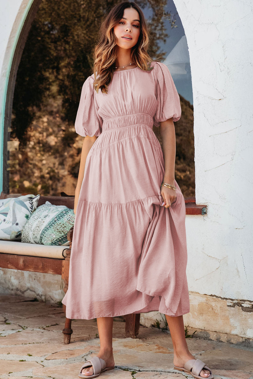 Pink Puff Sleeve Pleated High Waist Flowy Long Dress eAura