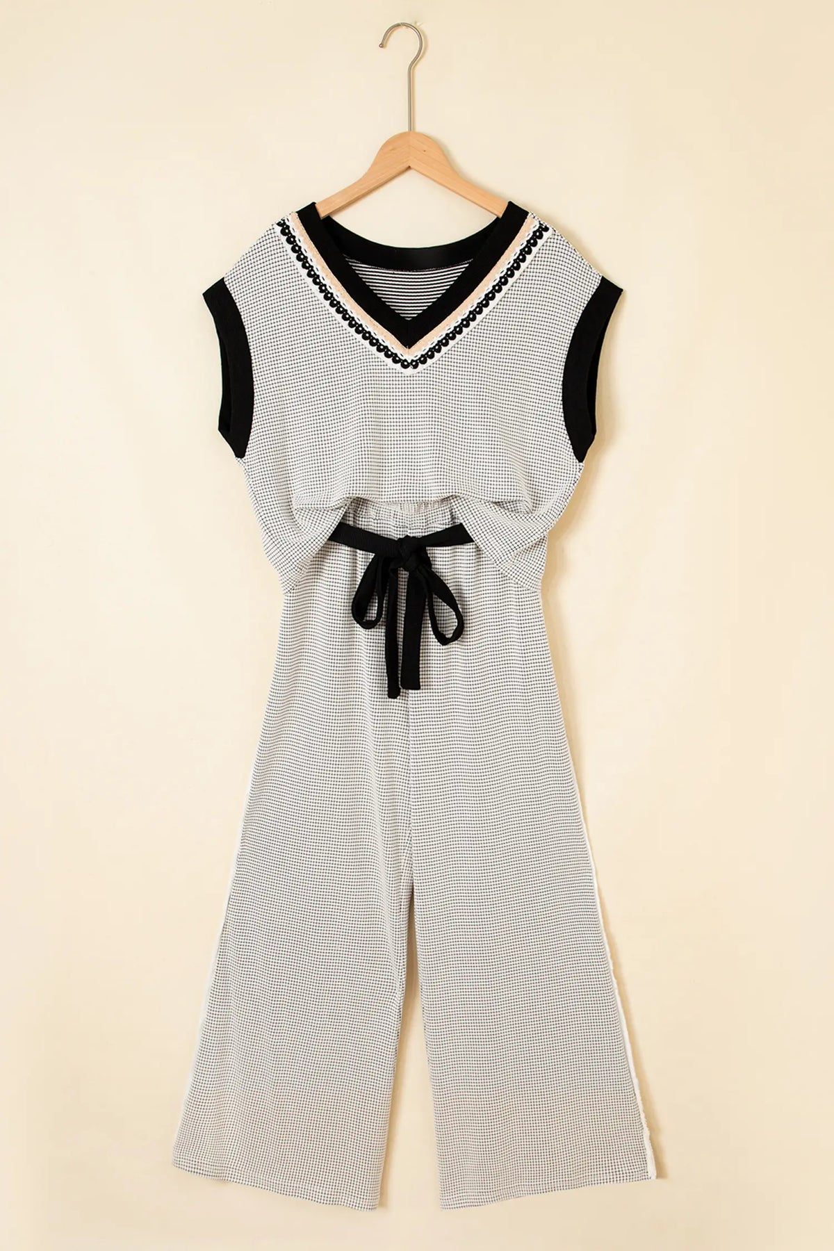 Stylish Knit Lace Colourblock Trim V Neck Tank Drawstring Wide Leg Pants Set – Beige