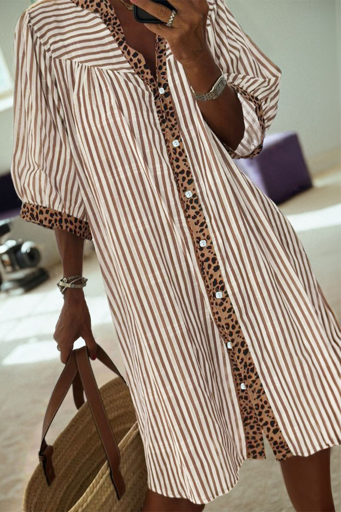 Stripe Square Button Leopard Trim Loose Bracelet Sleeve Shirt Dress