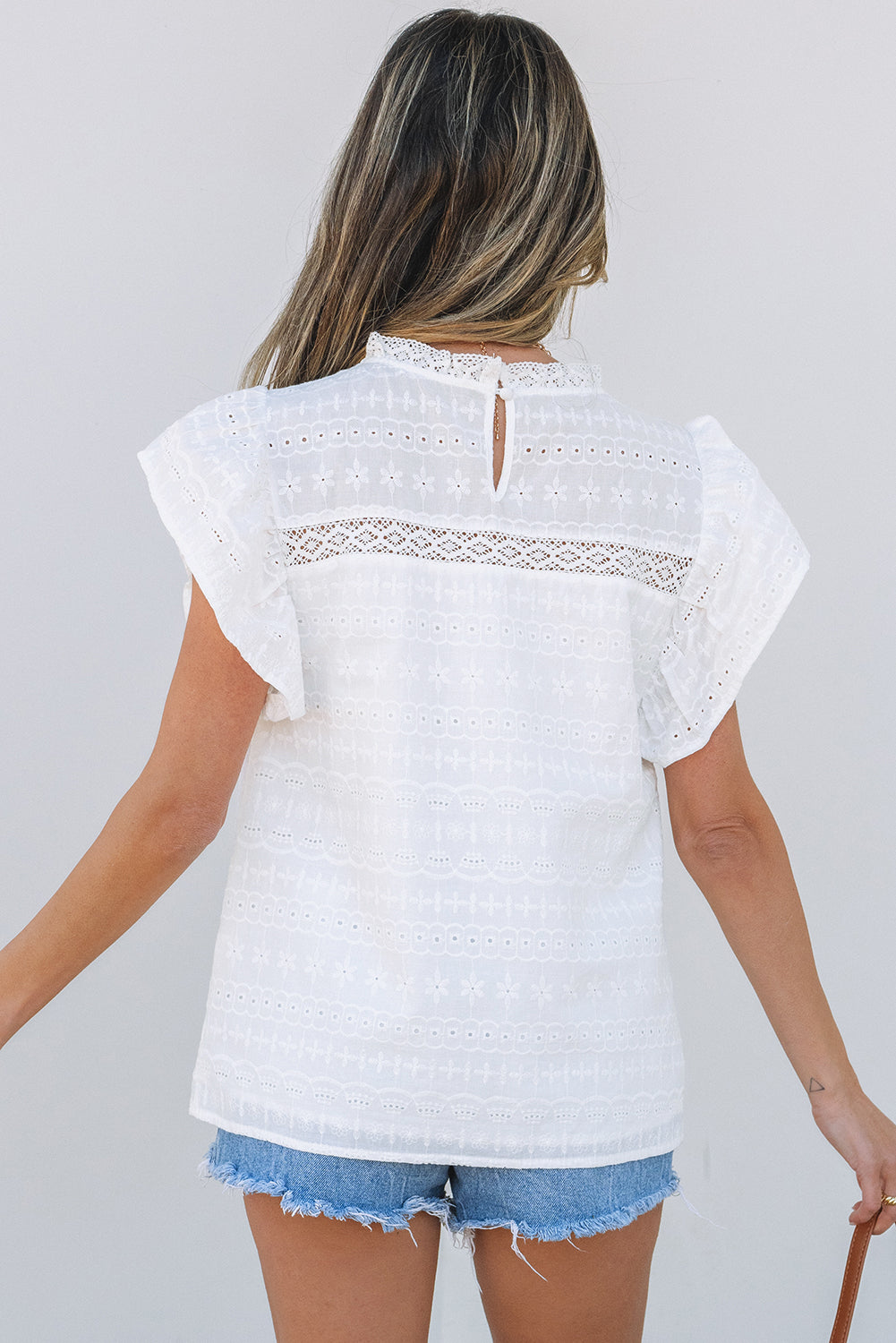 White Lace Neckline Flutter Sleeve Eyelets Blouse eAura
