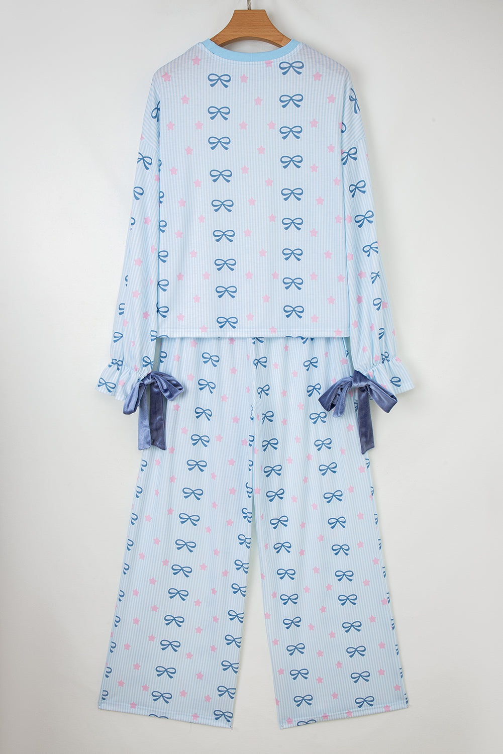 Sky Blue Stripe Bow Star Print Tied Detail 2pcs Lounge Set - eAura