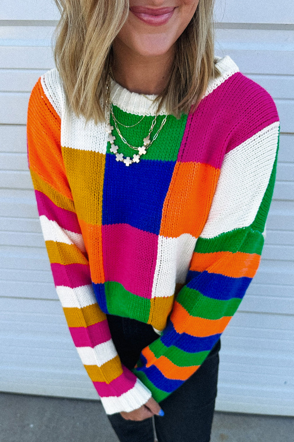 Orange Checkered Colour Block Round Neck Loose Sweater eAura