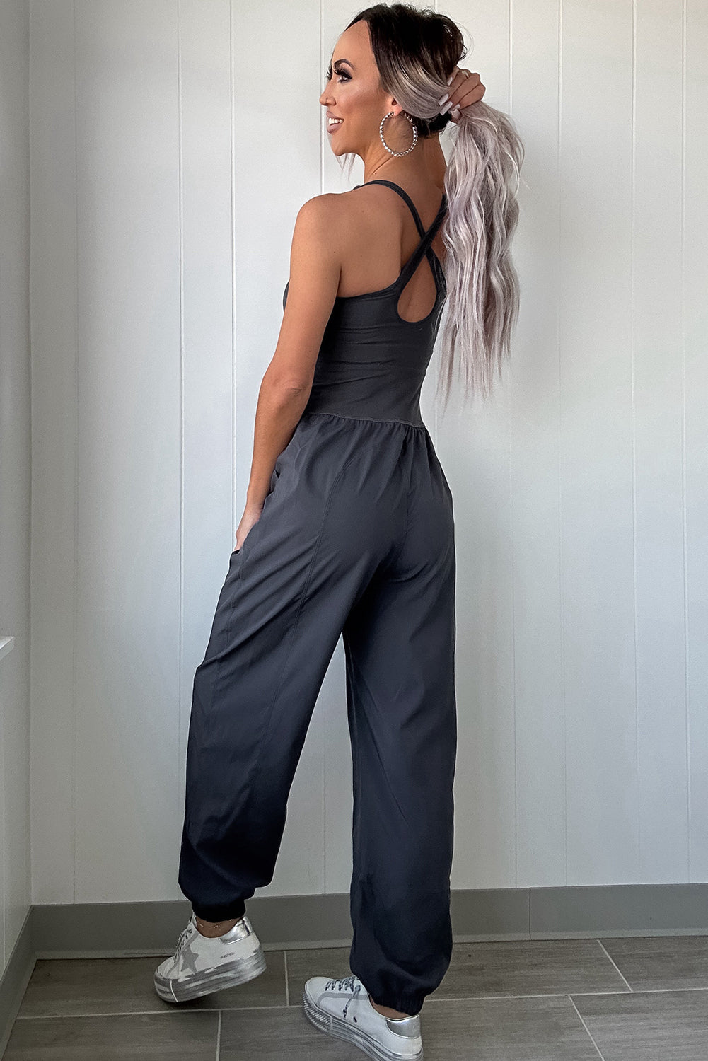 Carbon Grey Back Crossed Straps Hollow Out Jogger Jumpsuit eAura