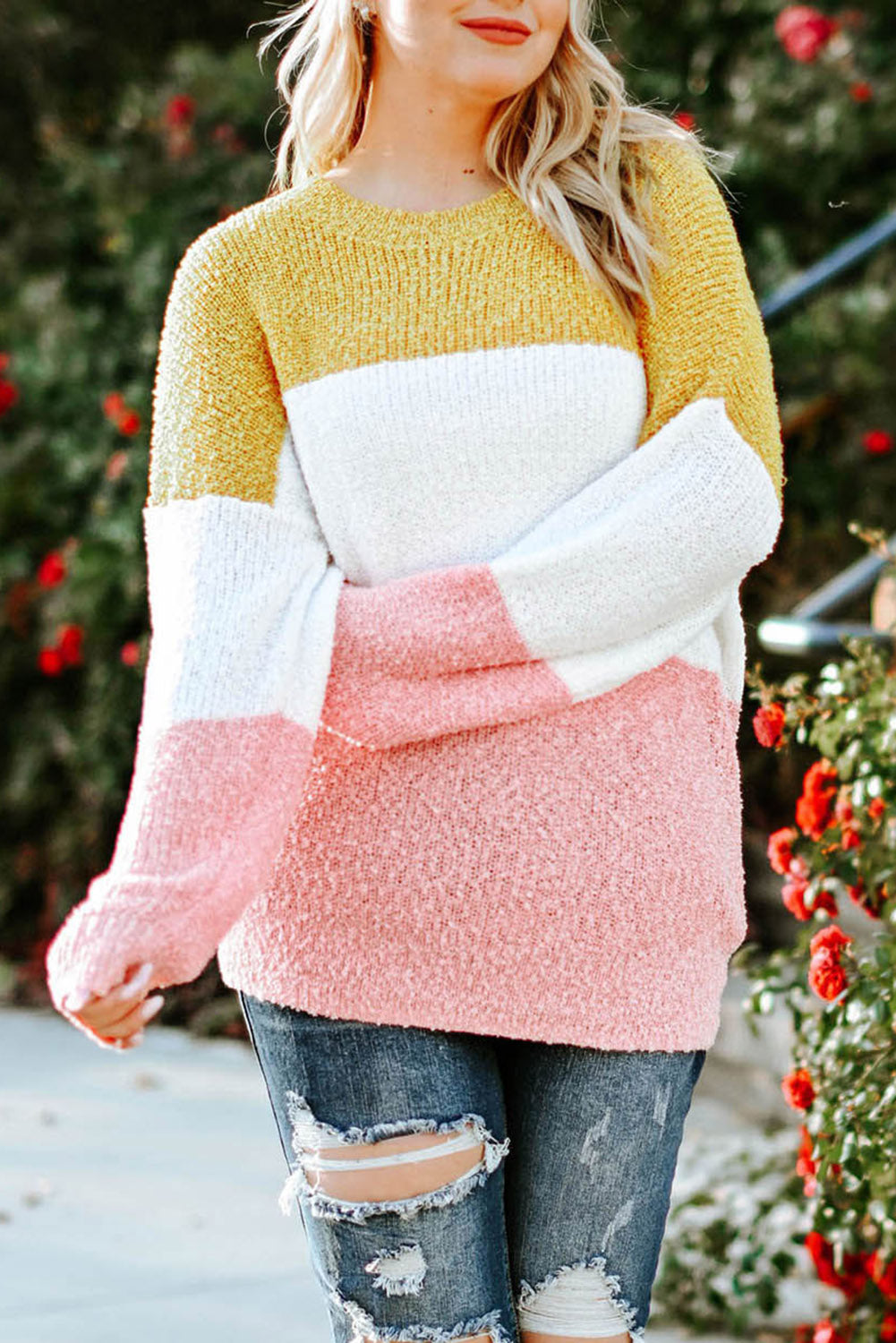 Yellow Colourblock Bubble Sleeve Plus Size Sweater BB Fashion Outlet