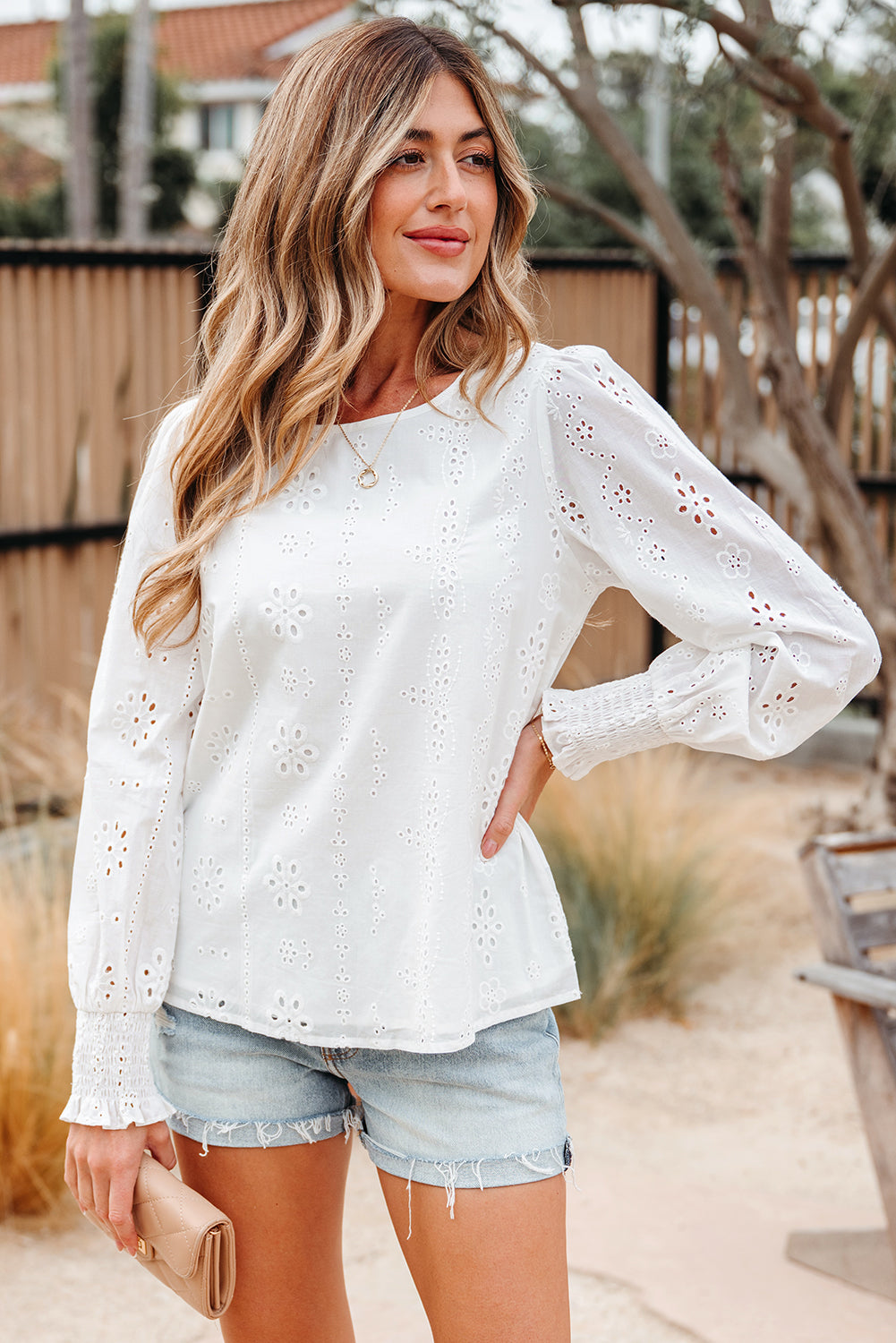 White Eyelet Embroidered Smocked Cuff Sheer Blouse eAura