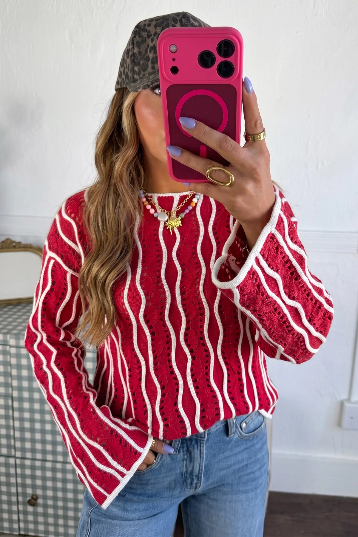 Knit Cotton Pullover Sweater with Wavy Eyelet Detail