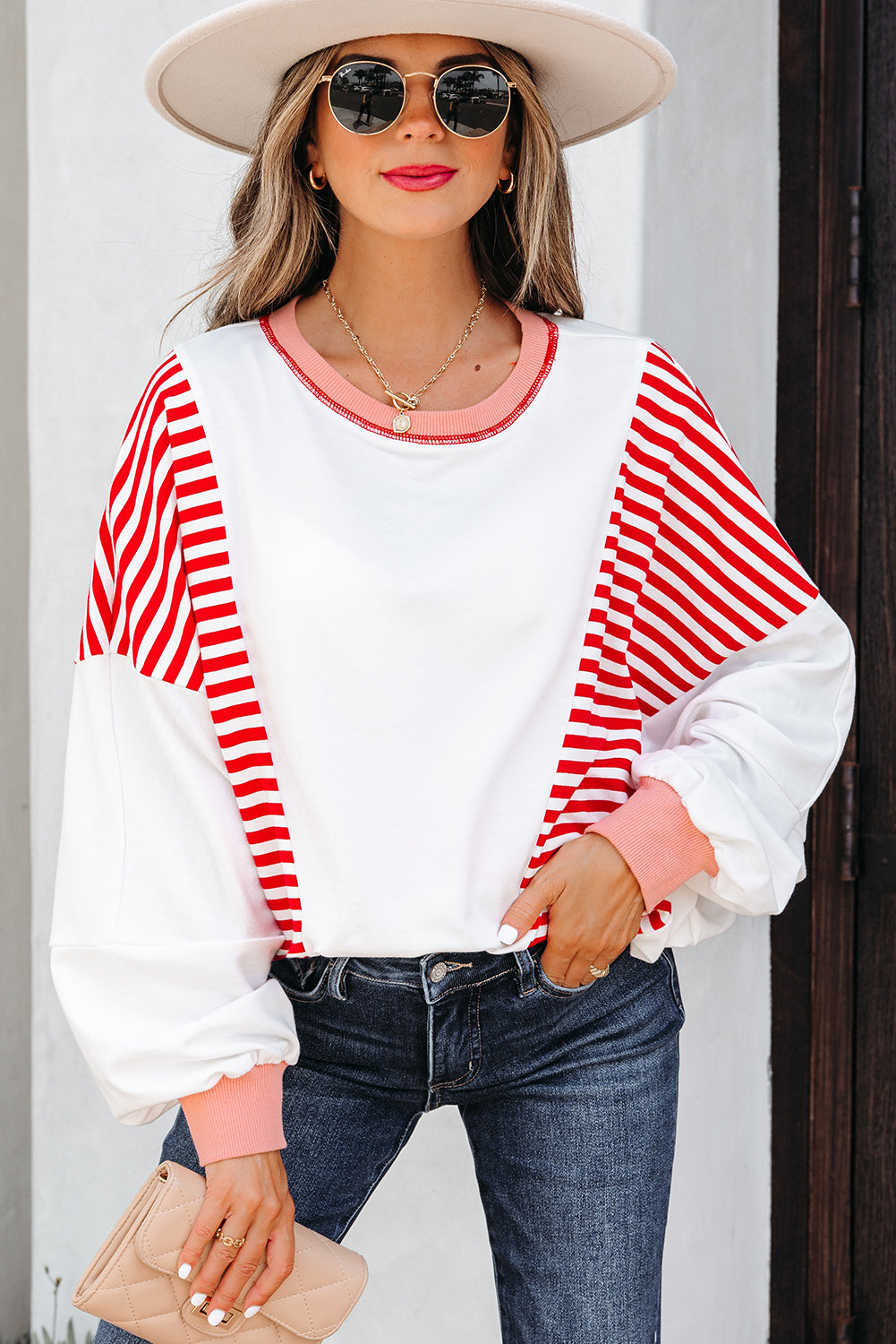 Striped Contrast Stitching Oversized Sweatshirt - eAura