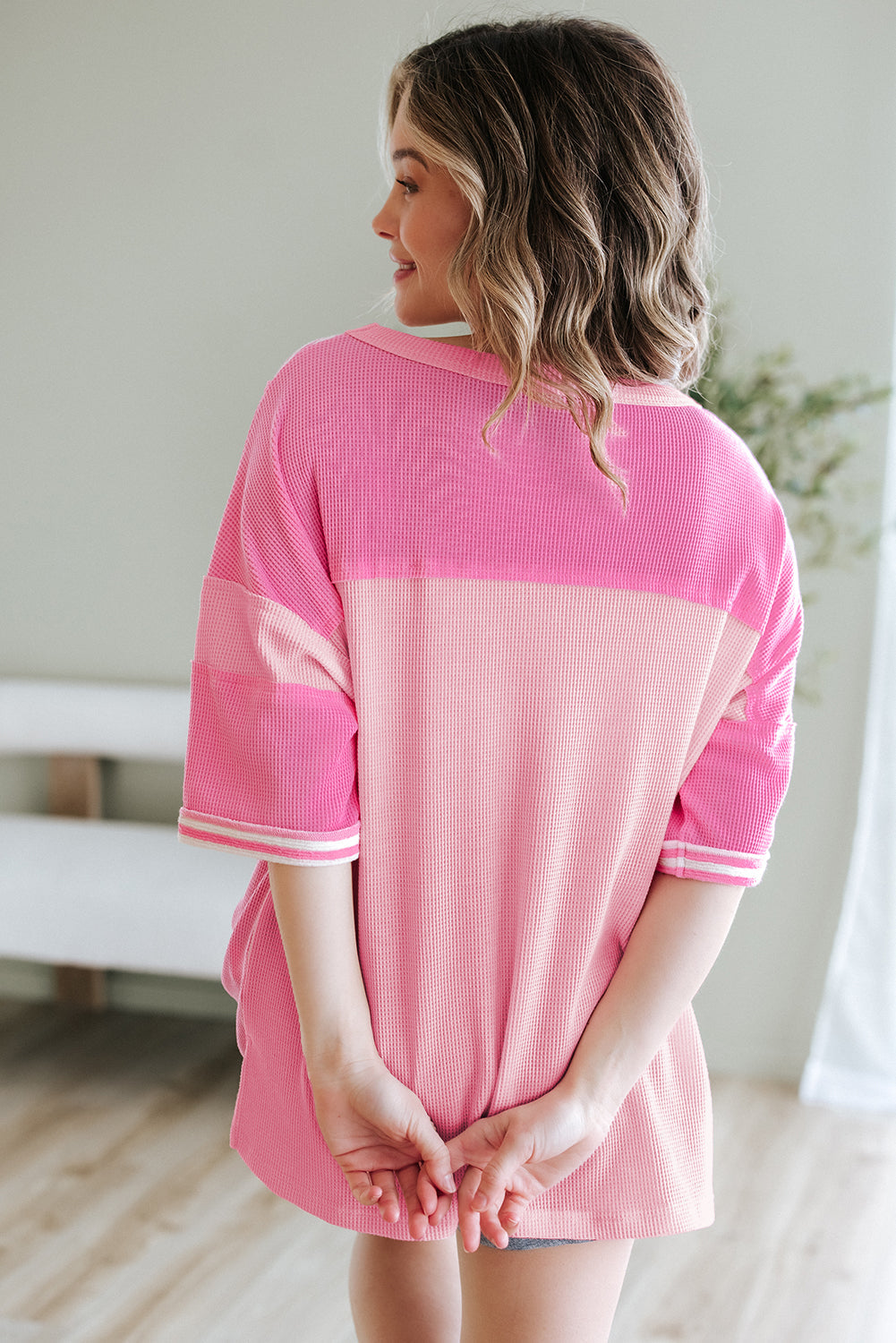 Pink Stripe Color Block Patchwork Loose Half Sleeve T Shirt BB Fashion Outlet