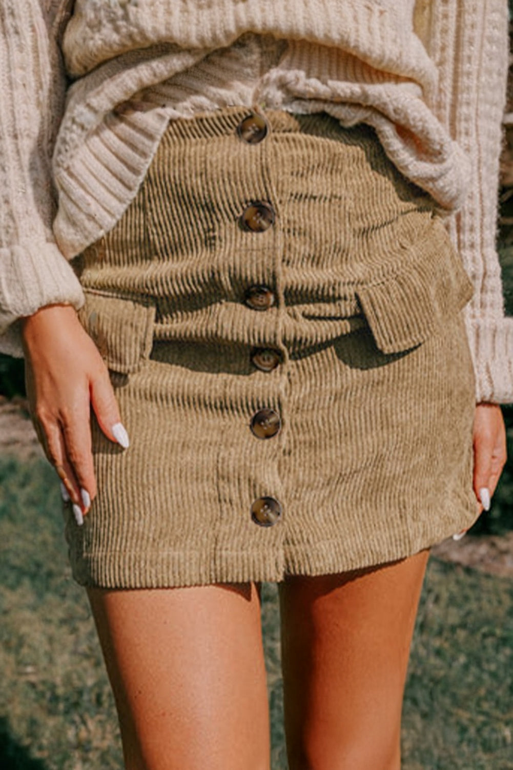 Soft Corduroy Buttoned Front Faux Pockets Mini Skirt - Beige / S - Bottoms/Skirts & Petticoat