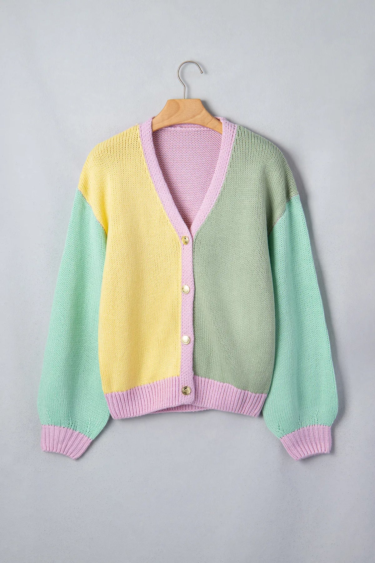 V Neck Drop Shoulder Patchwork Knitwear Cardigan – Yellow