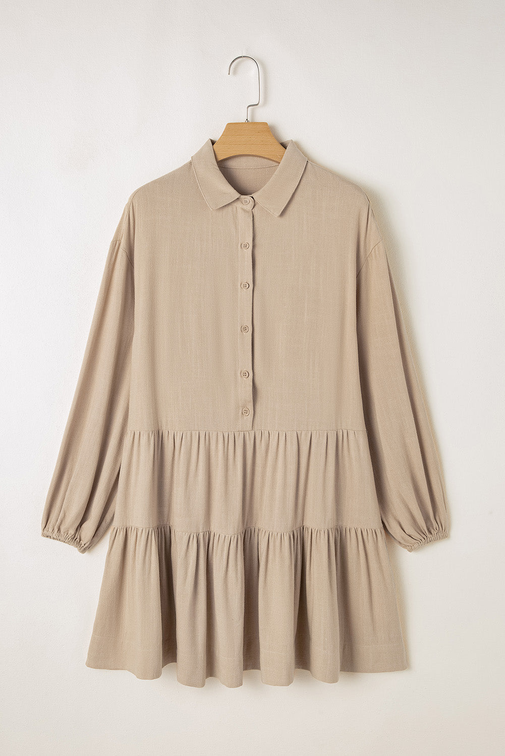 Tan Puff Sleeve Buttoned Tiered Pleated Shirt Mini Dress Beagle Boutique Fashion Outlet