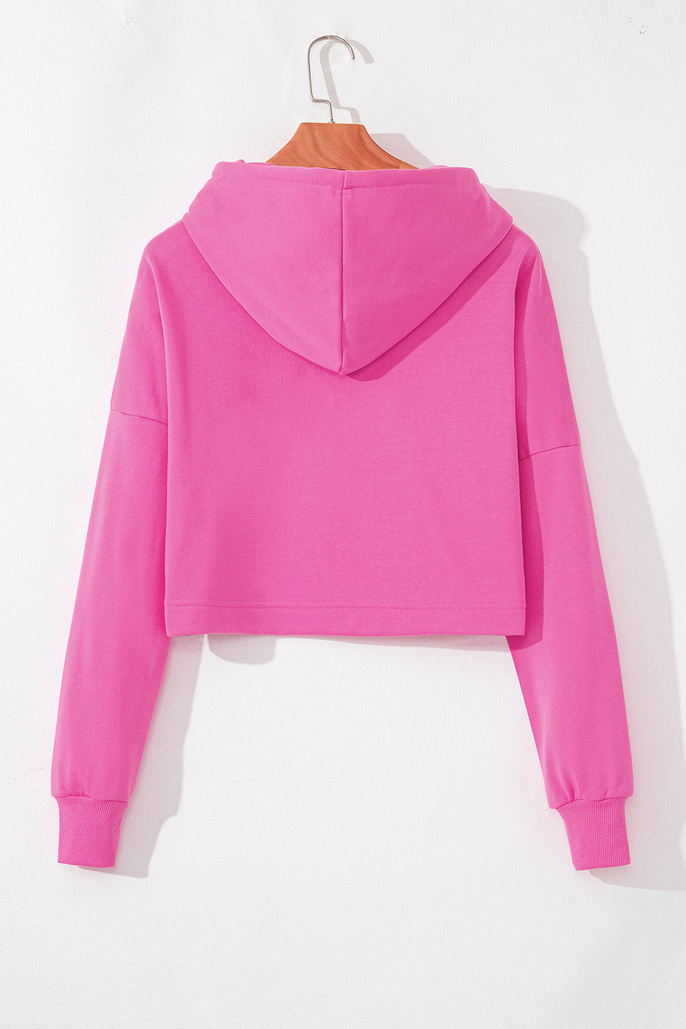 Sachet Pink Solid Drop Shoulder Drawstring Cropped Hoodie eAura