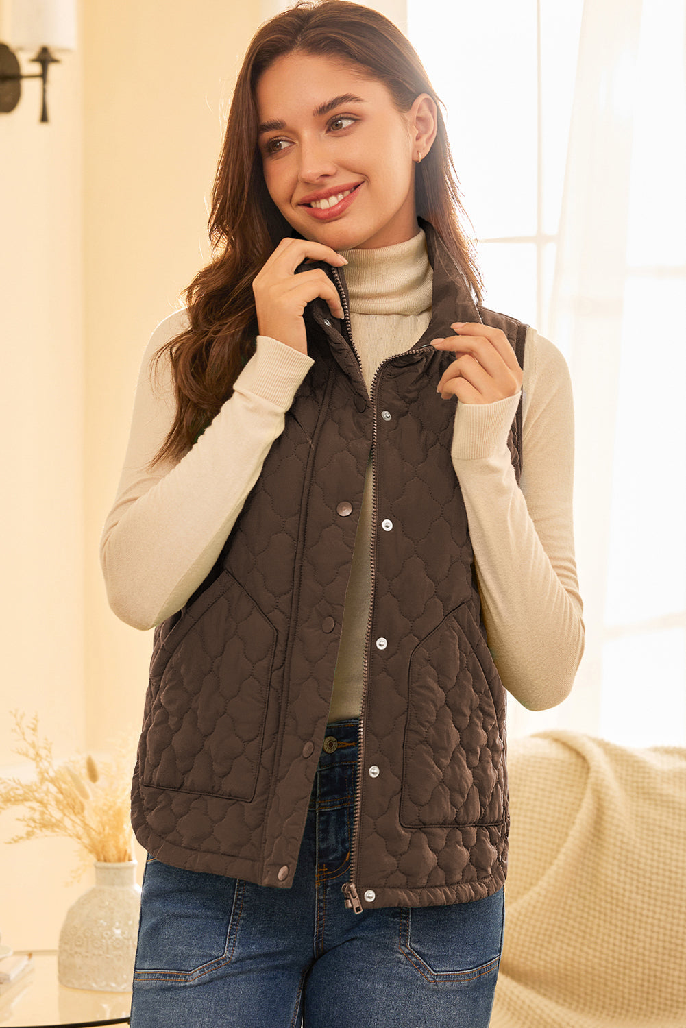 Flower Shape Quilted Snap Button Zip Up Winter Vest Vest - eAura