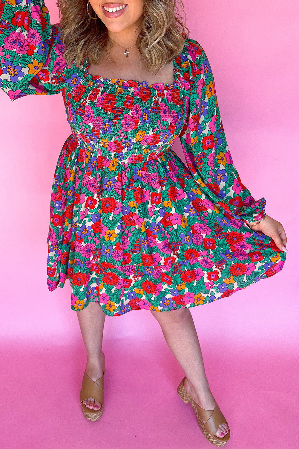 White Plus Size Floral Frilled Square Neck Shirred Long Sleeve Dress BB Fashion Outlet