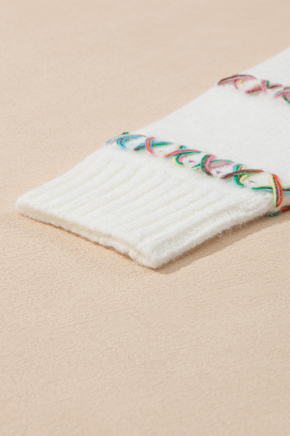 White Colourful Crossed Stitch Drop Shoulder Sweater eAura
