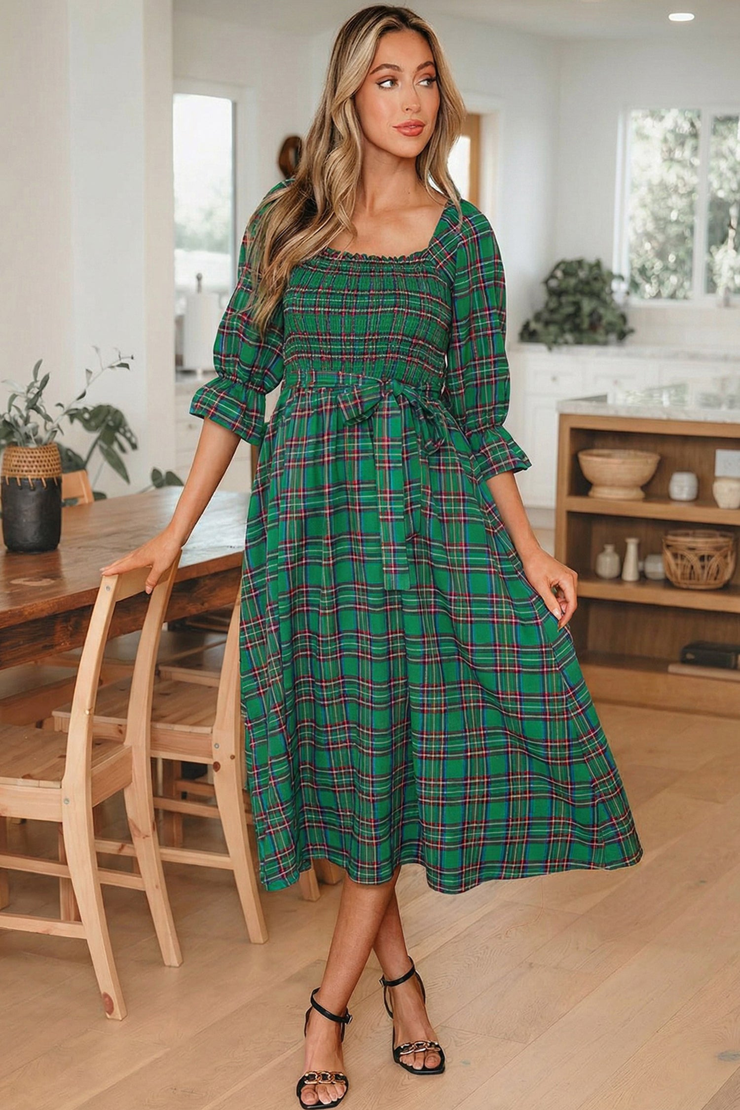 Tartan Plaid Square Neck Puff Sleeve Knot Waist Flared Midi Dress - Dresses/Midi Dresses