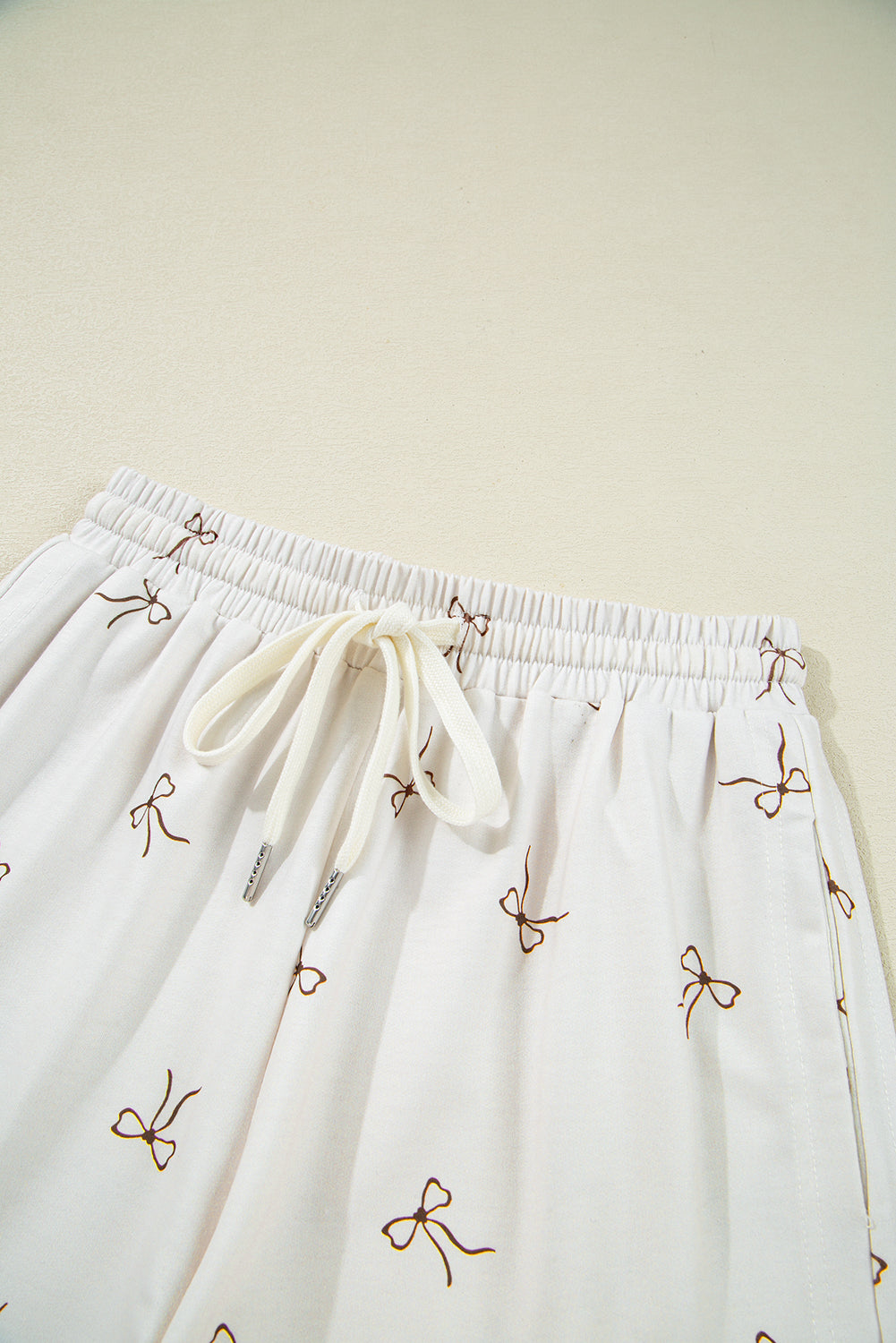 Beige Bow Print Half Zip Tank and Shorts 2pcs Set eAura