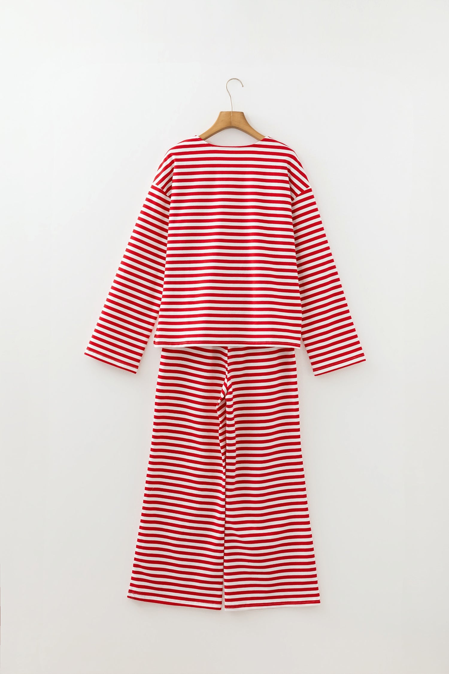 Red Stripe Drop Shoulder Long Sleeve Top Lounge Pants 2pcs Set - Loungewear & Sleepwear/Loungewear