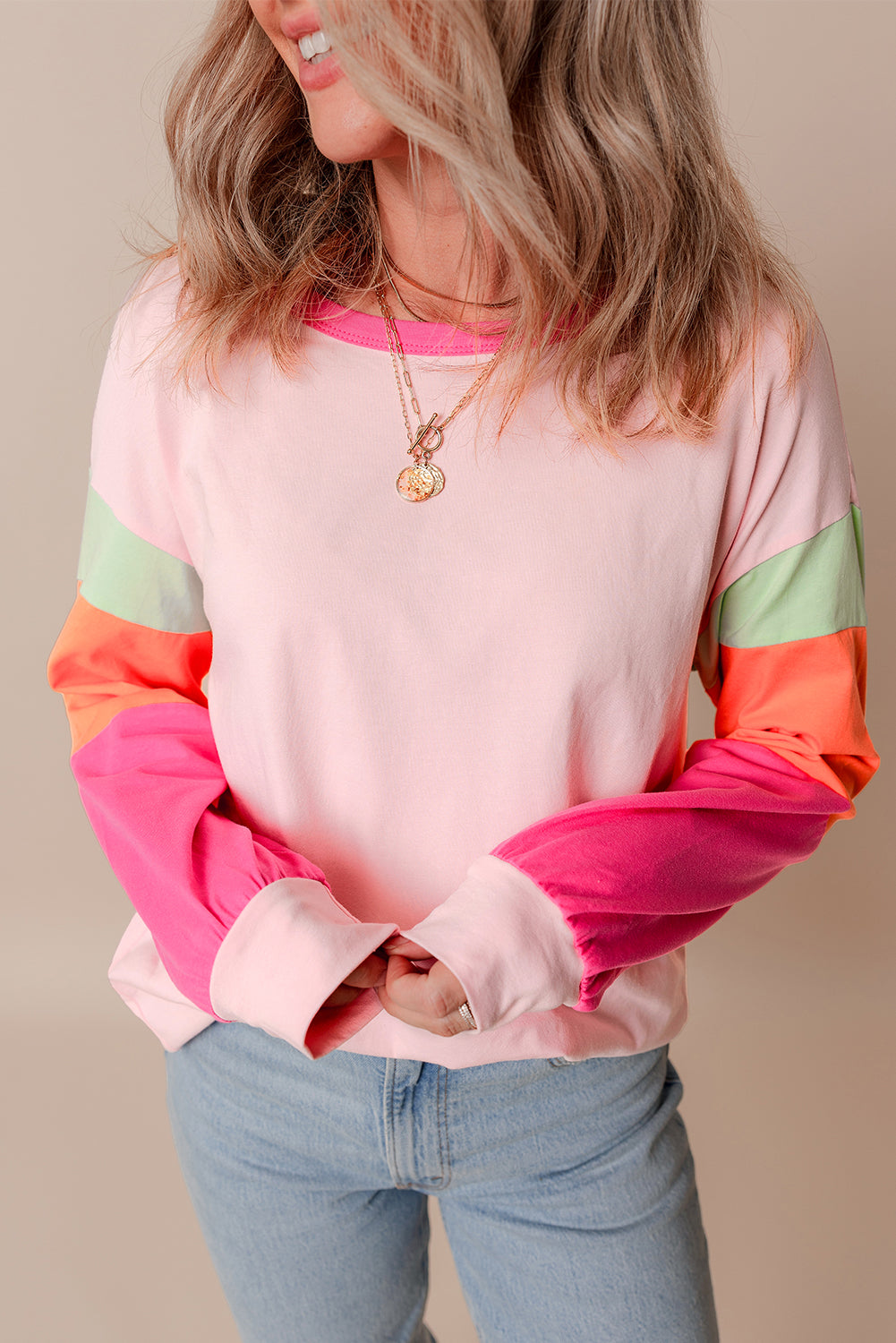Pink Colourblock Patchwork Long Sleeve Loose Top eAura