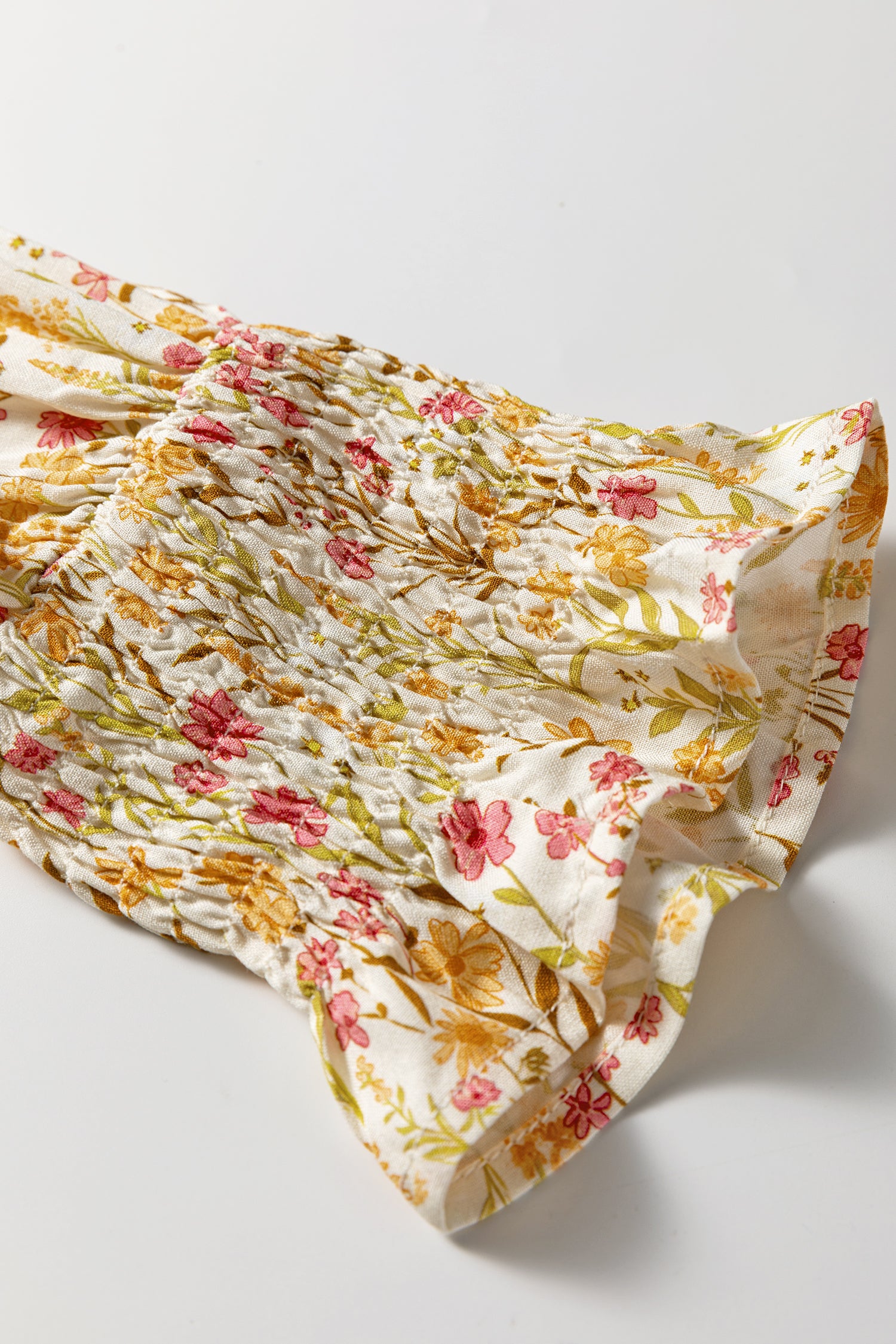 Yellow Floral Print Frilly Trim Smocked Cuff Long Sleeve Oversized Shirt Dress