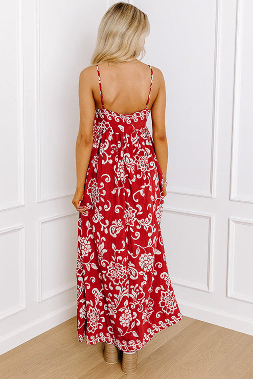 Red Floral Printed Spaghetti Strap Empire Waist Maxi Dress eAura