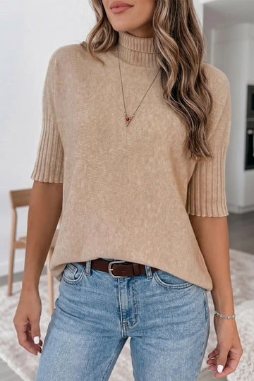 Ribbed Trim High Neck Short Sleeve Casual Sweater – Beige