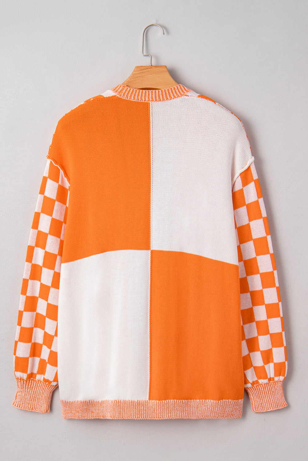 Orange Checkered Bubble Sleeve Drop Shoulder Open Cardigan eAura