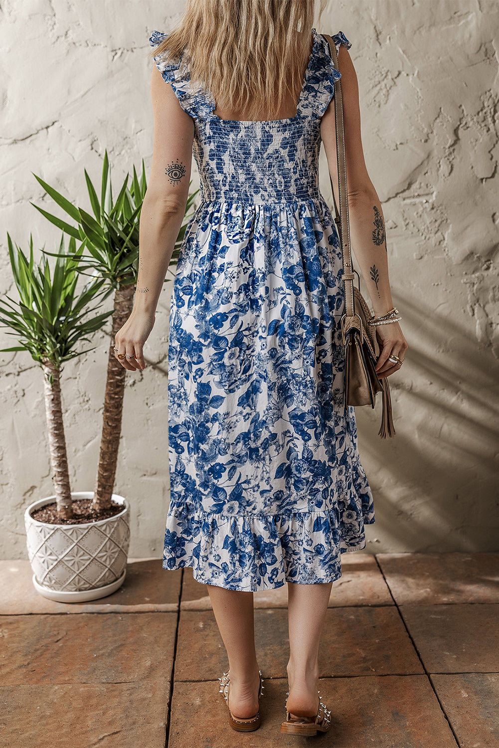 Blue Floral Ruffle Strap Square Neck Smocked Bodice Midi Dress eAura